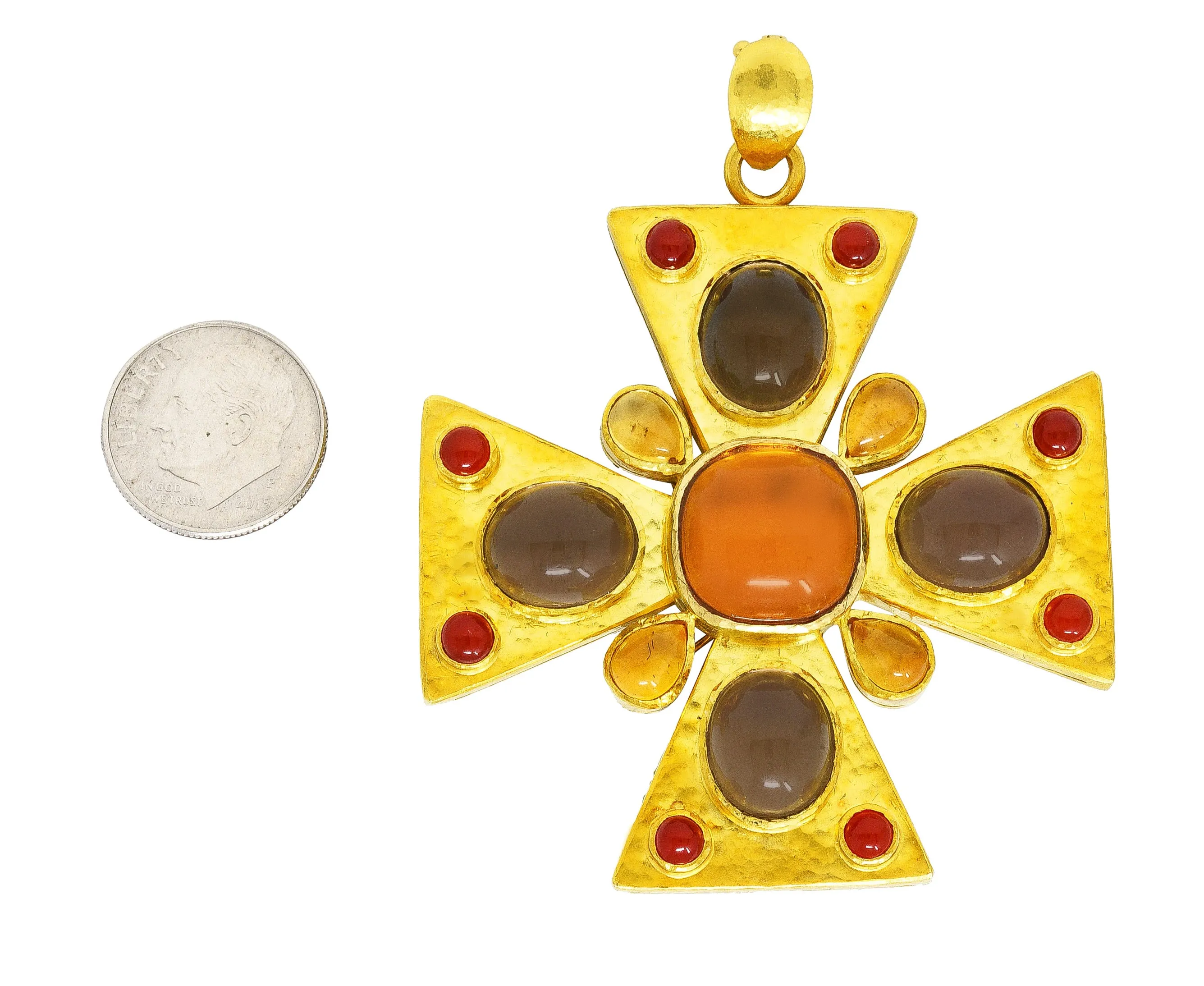 Elizabeth Locke Citrine Smokey Quartz Carnelian Mother-of-Pearl 19 Karat Yellow Gold Maltese Cross Enhancer Pendant