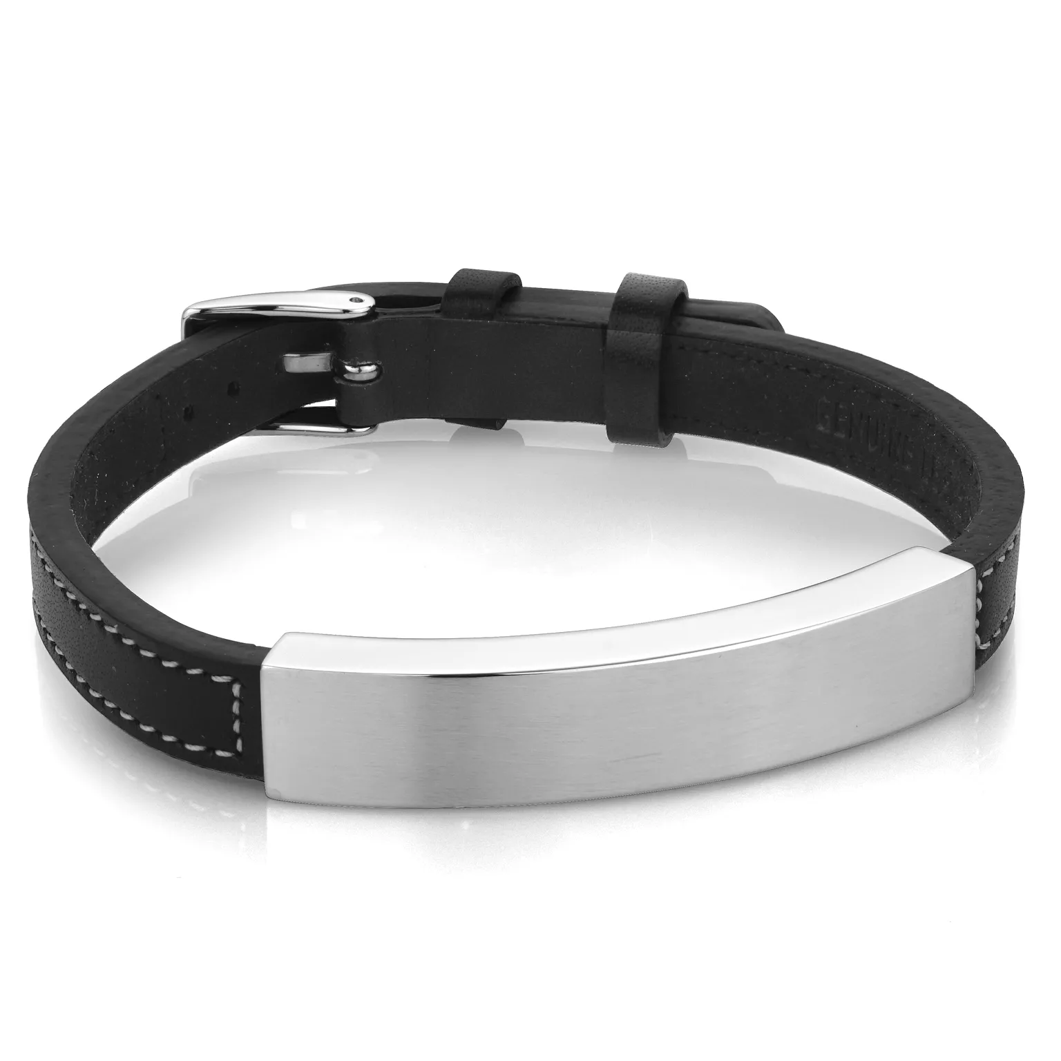 Engravable - Stainless Steel Flat Leather ID Bracelet Adjustable