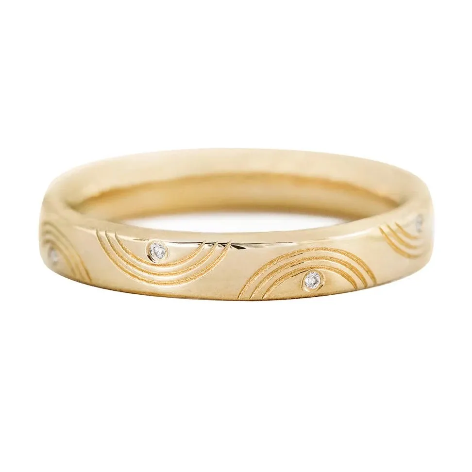 Engraved Diamond Ring - Wavy Wedding Band