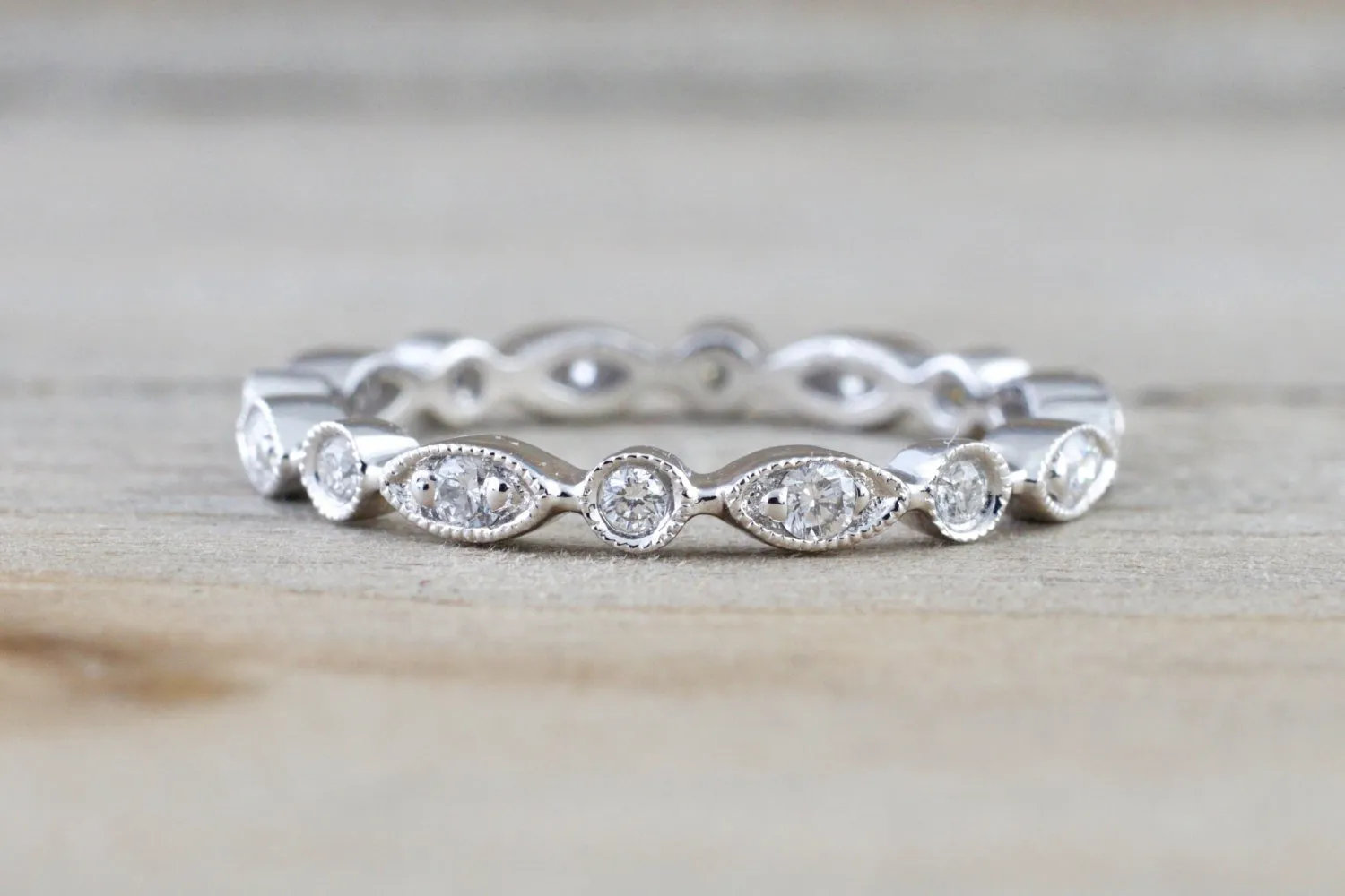 Eternity 14k White Gold Diamond Vintage Milgrain Ring Filigree Dainty Band Stacking