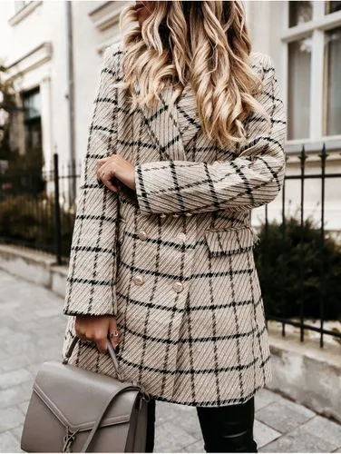 Fashion Plaid Polyester Double Breasted Woolen Coat