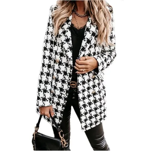 Fashion Plaid Polyester Double Breasted Woolen Coat