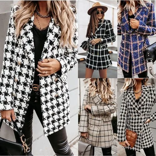 Fashion Plaid Polyester Double Breasted Woolen Coat