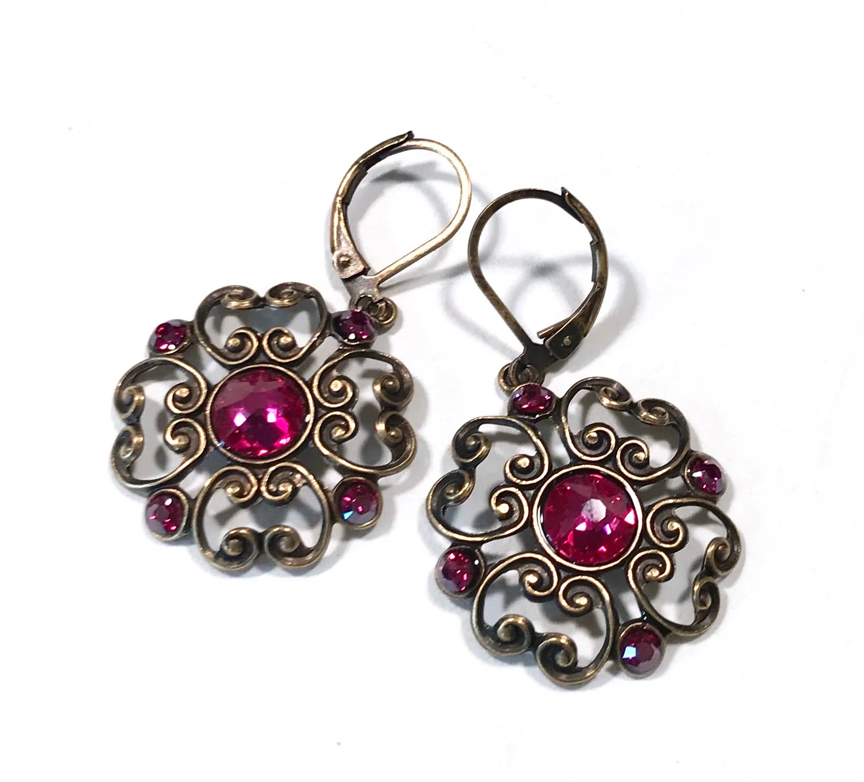 Filigree Earrings - Fuschia  Crystal - Brass Leverbacks