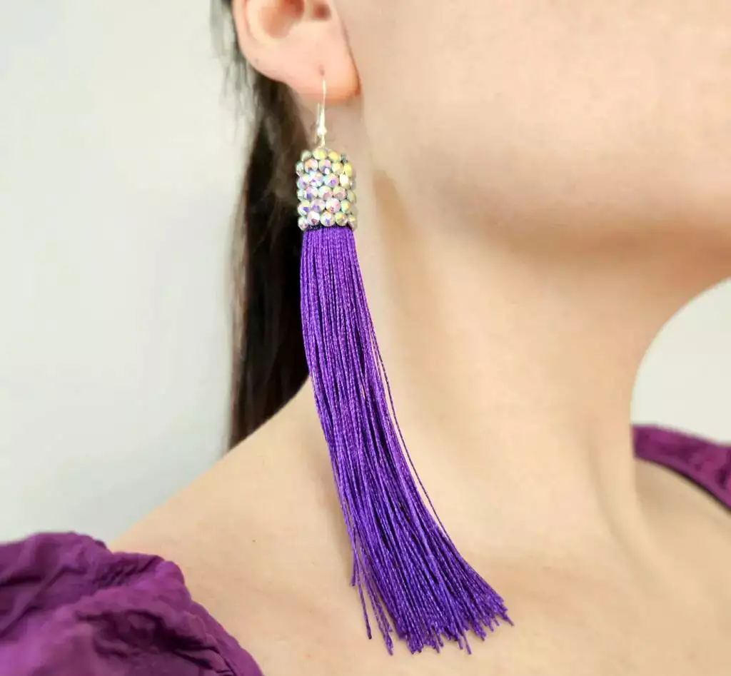 Fringe Earrings with Crystal AB Stones and Leverback Posts. Available in Multiple Fringe Colors E005