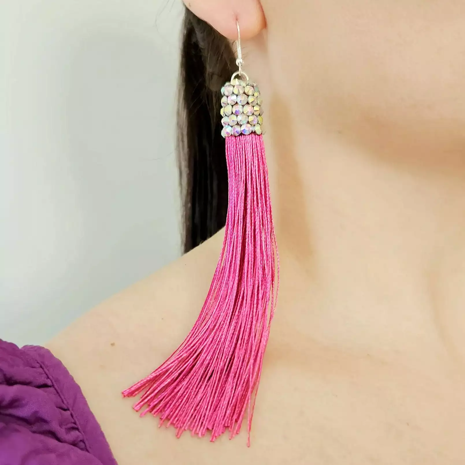 Fringe Earrings with Crystal AB Stones and Leverback Posts. Available in Multiple Fringe Colors E005