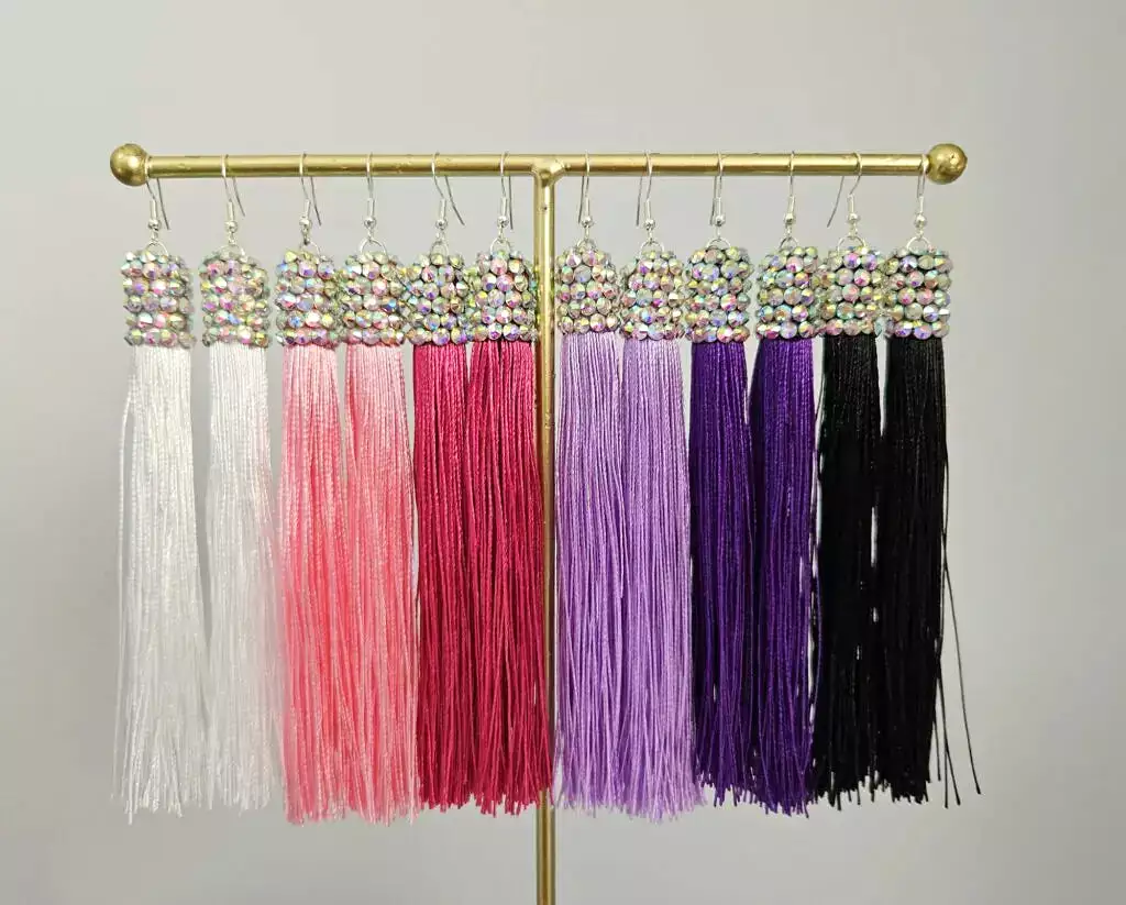 Fringe Earrings with Crystal AB Stones and Leverback Posts. Available in Multiple Fringe Colors E005