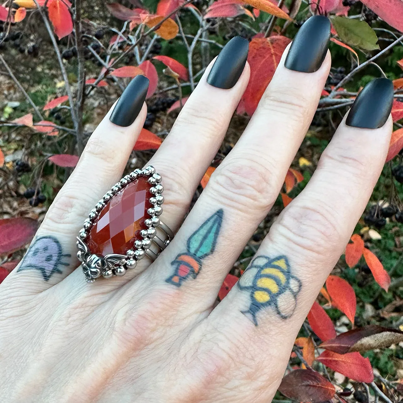 GEMSTONE Carnelian Teardrop With Winged Skull Ring: Size 7