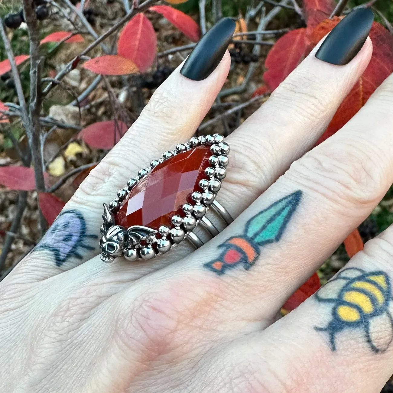 GEMSTONE Carnelian Teardrop With Winged Skull Ring: Size 7