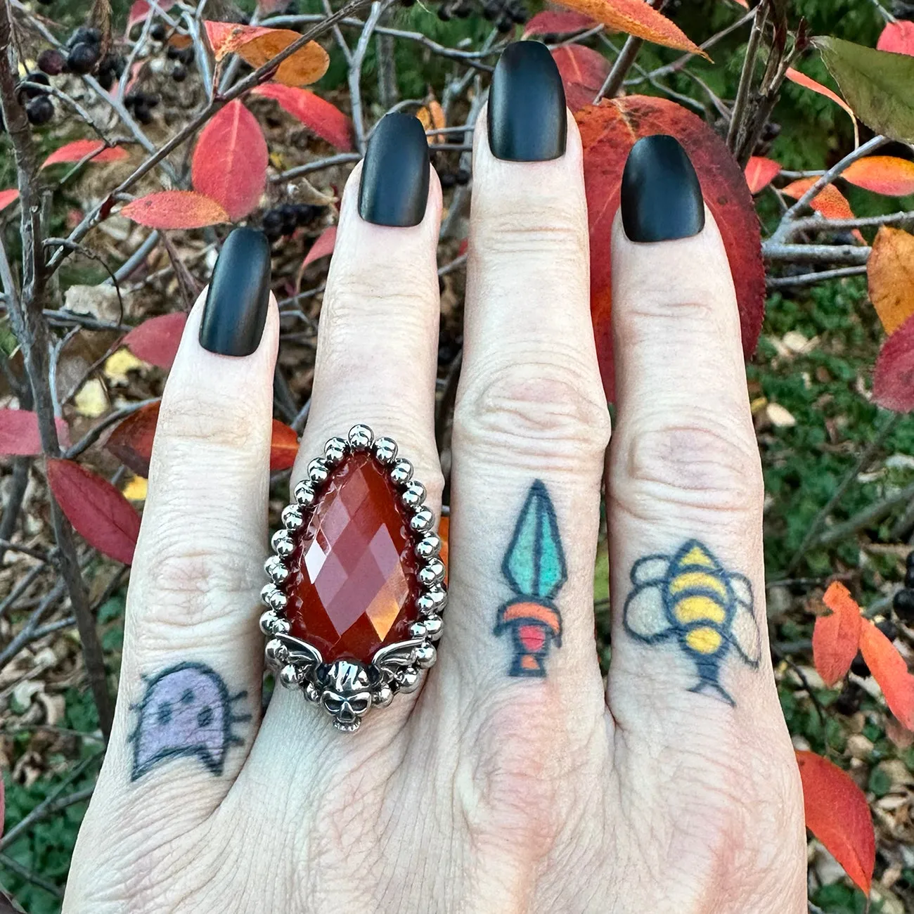 GEMSTONE Carnelian Teardrop With Winged Skull Ring: Size 7