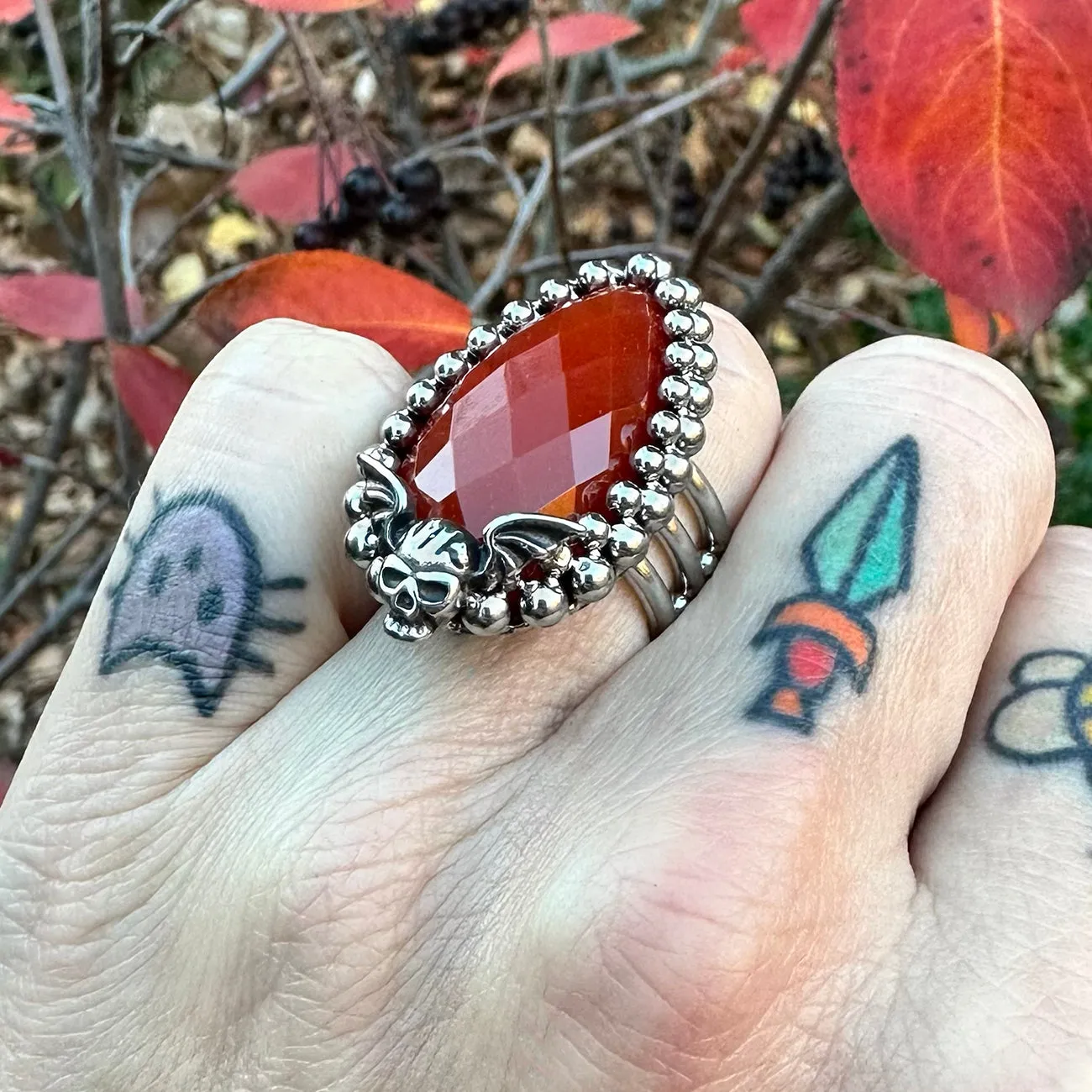 GEMSTONE Carnelian Teardrop With Winged Skull Ring: Size 7