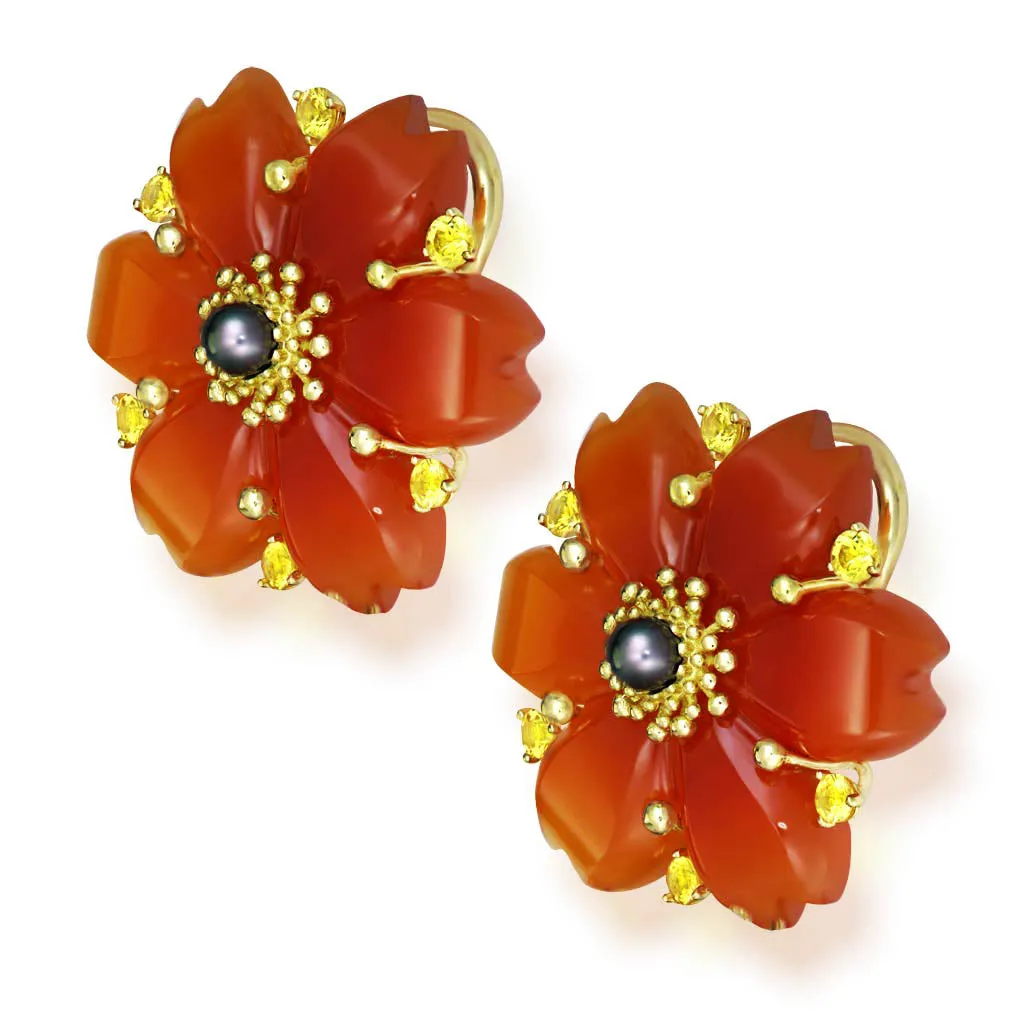 Gold Blossom Convertible Pear Earrings with Carved Carnelian