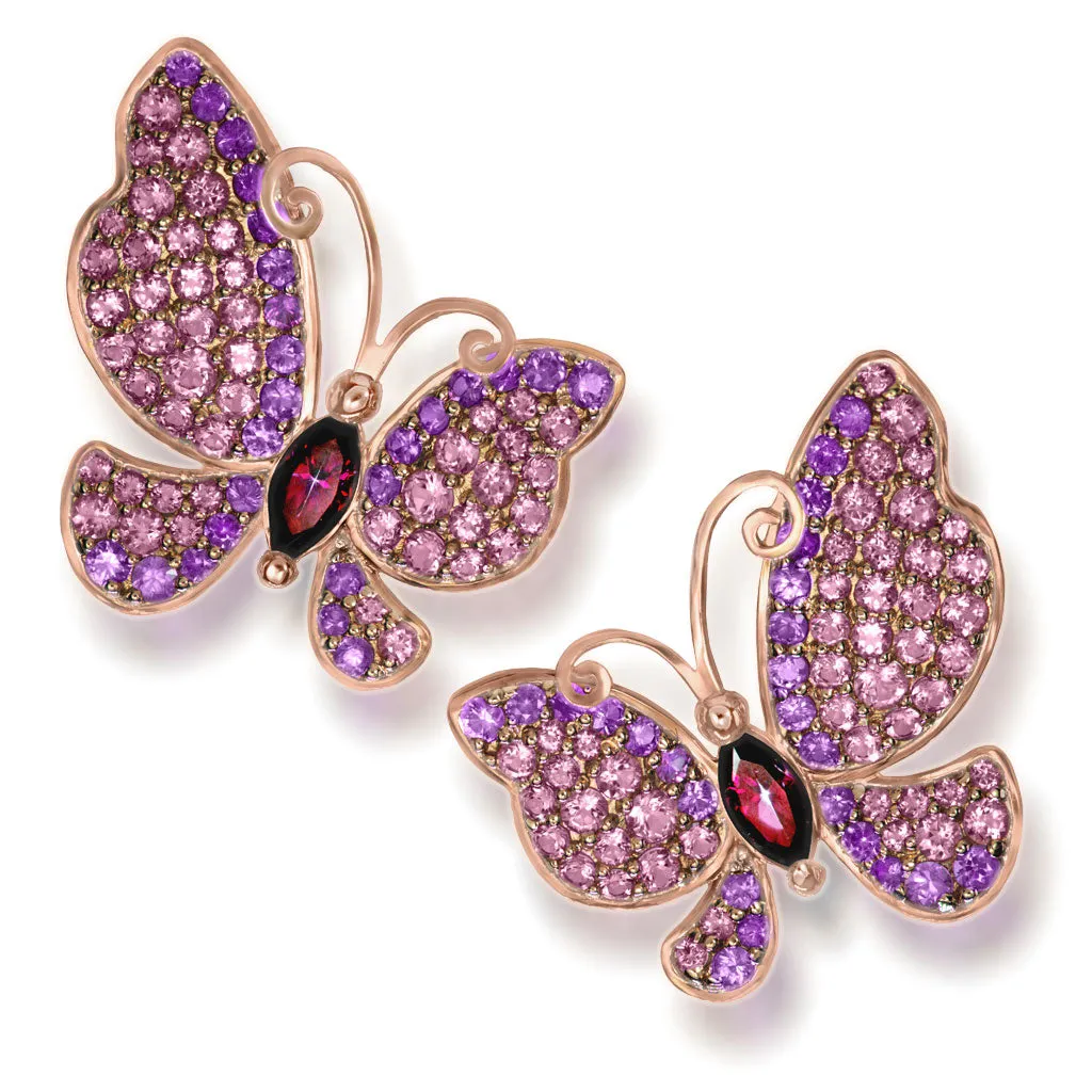 Gold Butterfly Earrings with Garnets & Sapphires