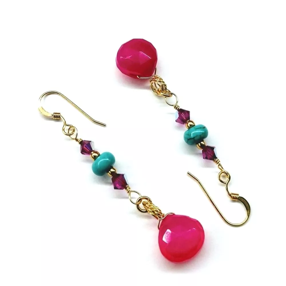 Gold Filled Wire Wrapped Pink And Turquoise Gemstone Earrings