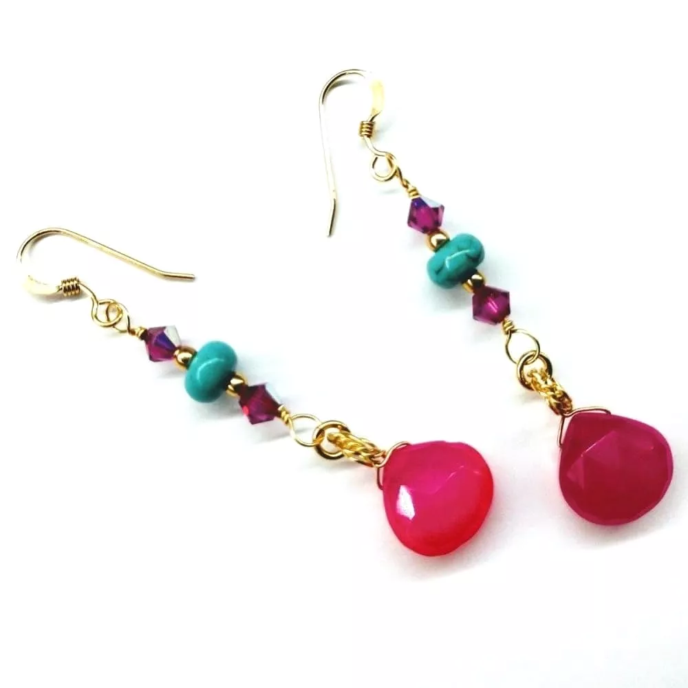 Gold Filled Wire Wrapped Pink And Turquoise Gemstone Earrings