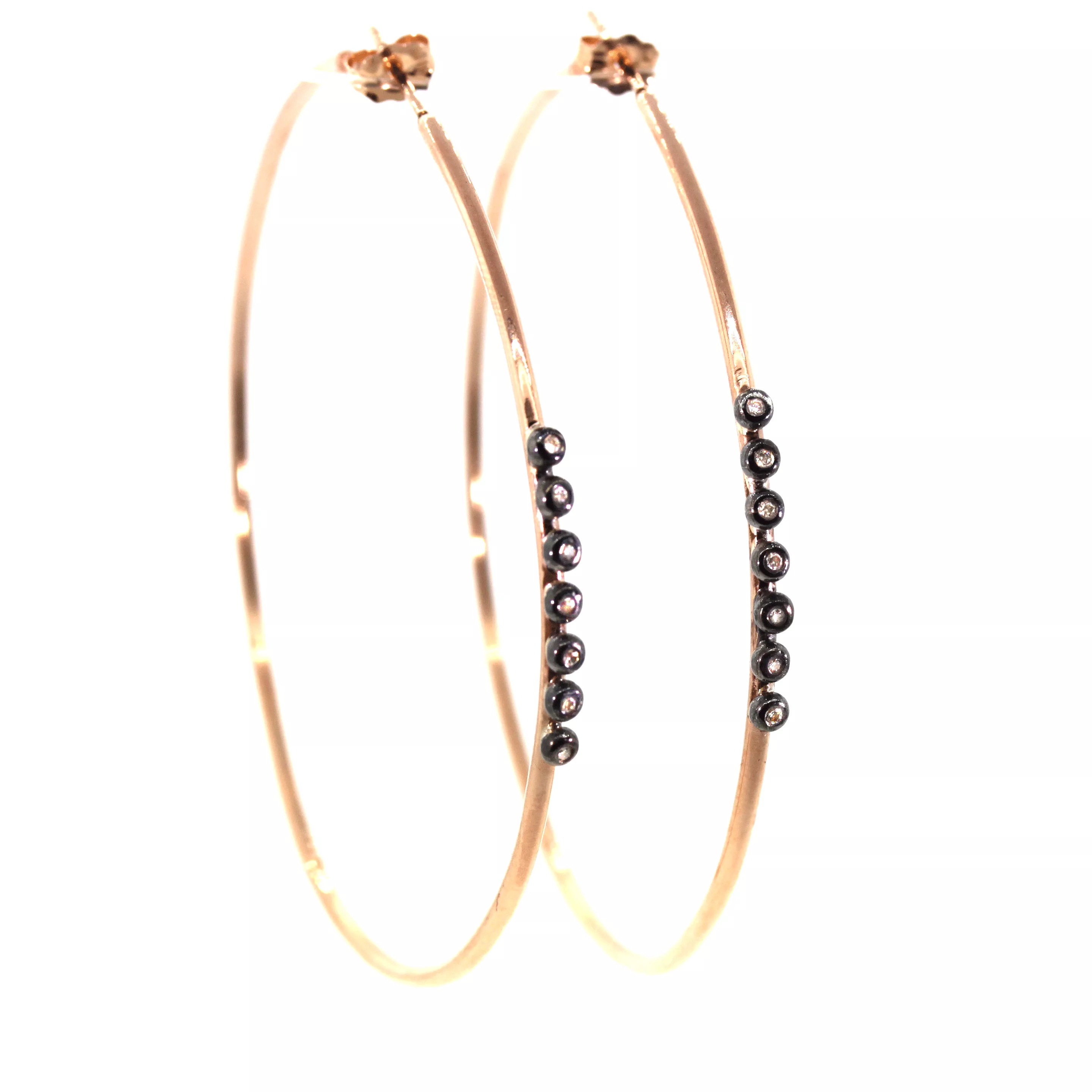 Gold Hoop Earrings with Oxidized Diamond Bezels