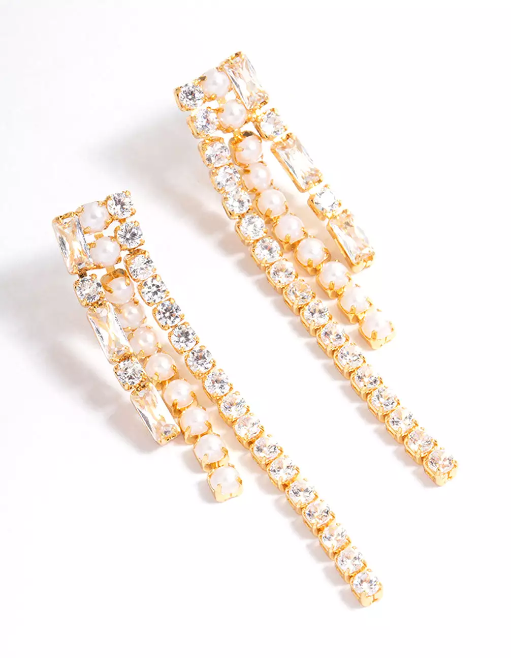 Gold Plated Cubic Zirconia Round & Baguette Pearl Drop Earrings