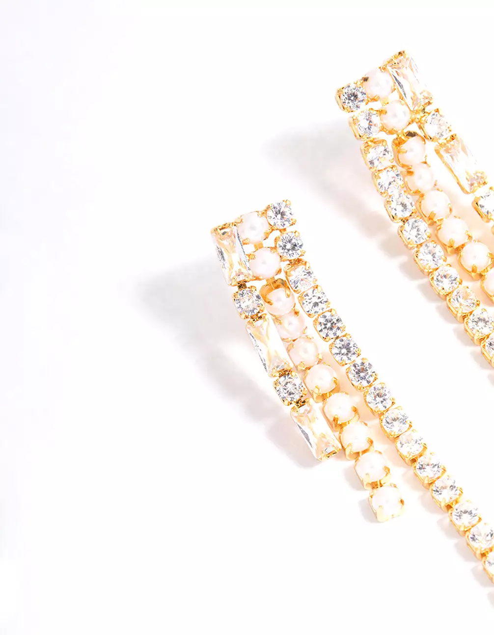 Gold Plated Cubic Zirconia Round & Baguette Pearl Drop Earrings