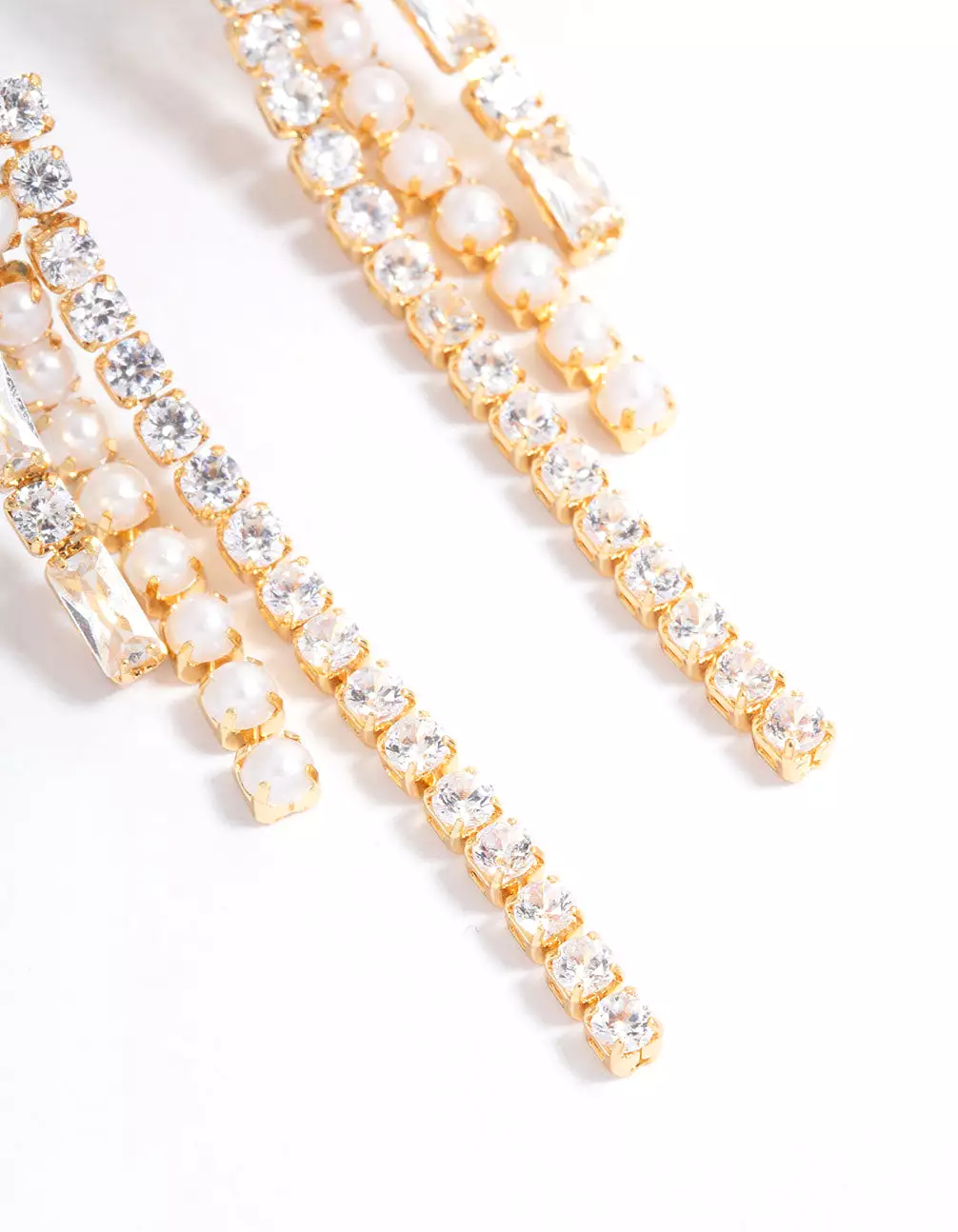 Gold Plated Cubic Zirconia Round & Baguette Pearl Drop Earrings