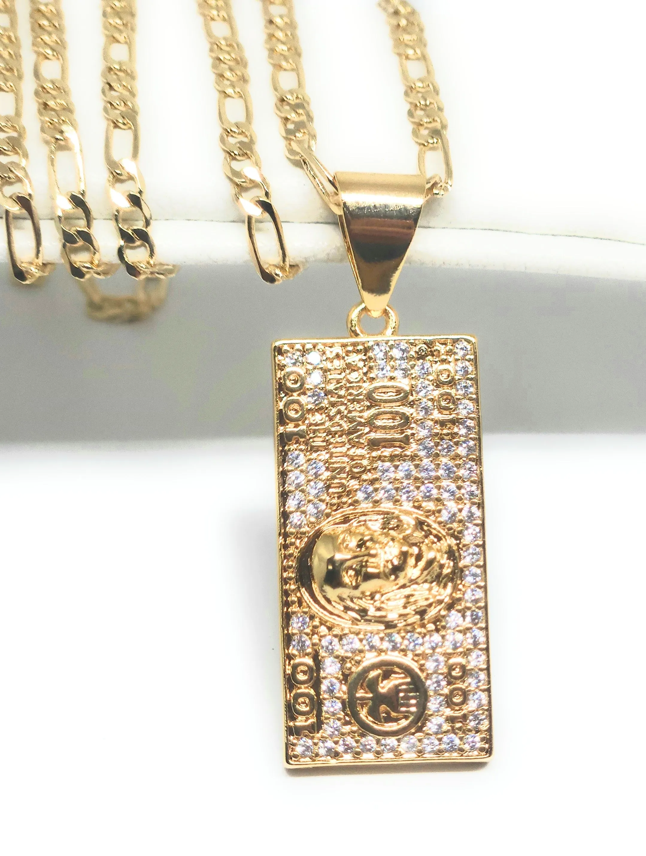 Gold Plated Iced Out CZ 100 DOLLAR BILL Pendant 24 FIGARO Chain