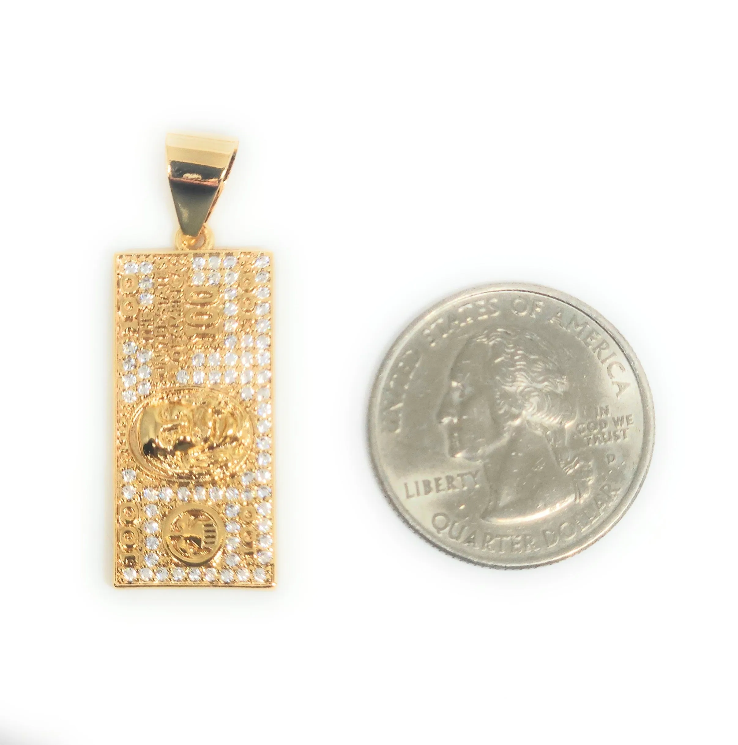 Gold Plated Iced Out CZ 100 DOLLAR BILL Pendant 24 FIGARO Chain