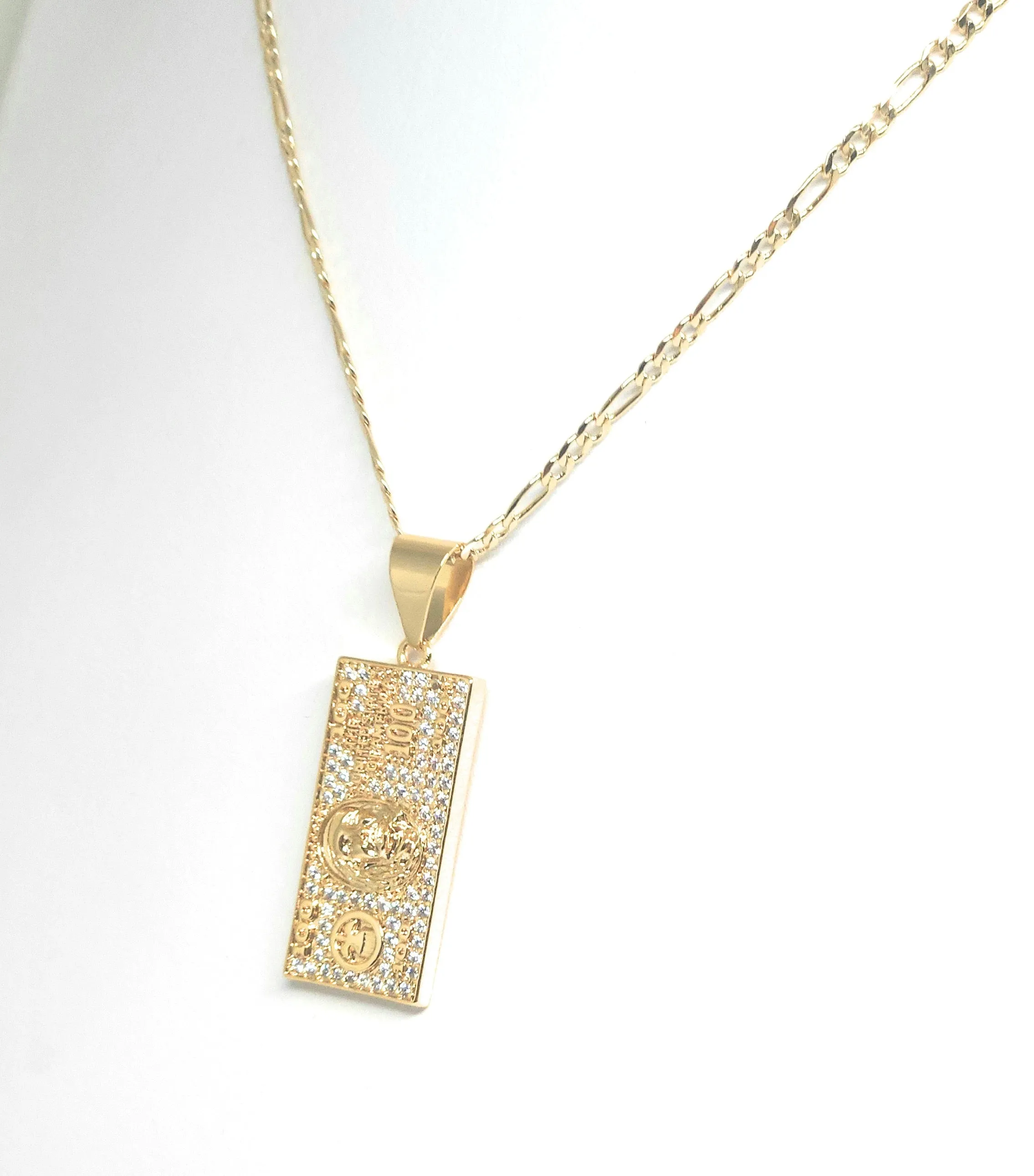 Gold Plated Iced Out CZ 100 DOLLAR BILL Pendant 24 FIGARO Chain