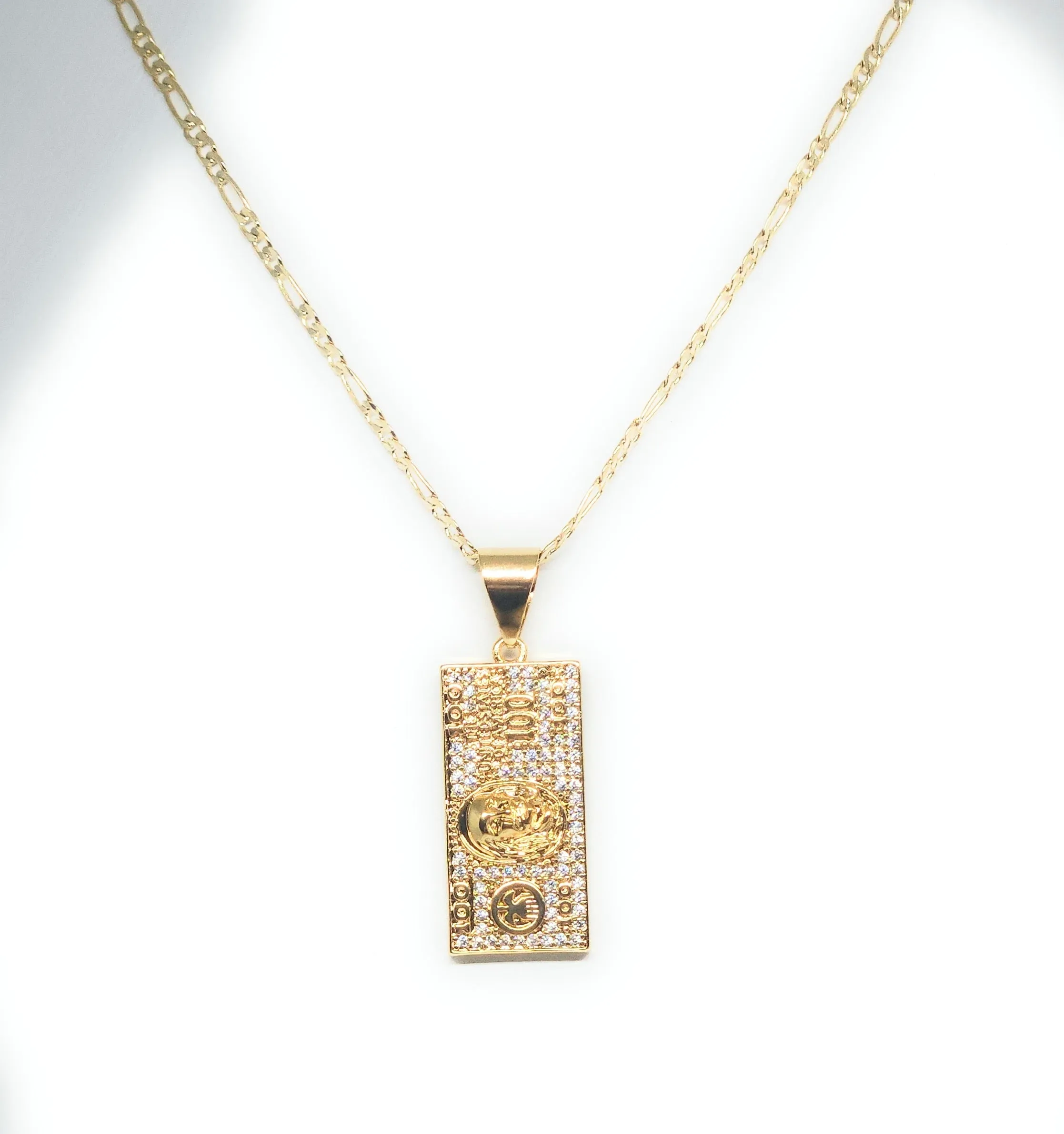 Gold Plated Iced Out CZ 100 DOLLAR BILL Pendant 24 FIGARO Chain