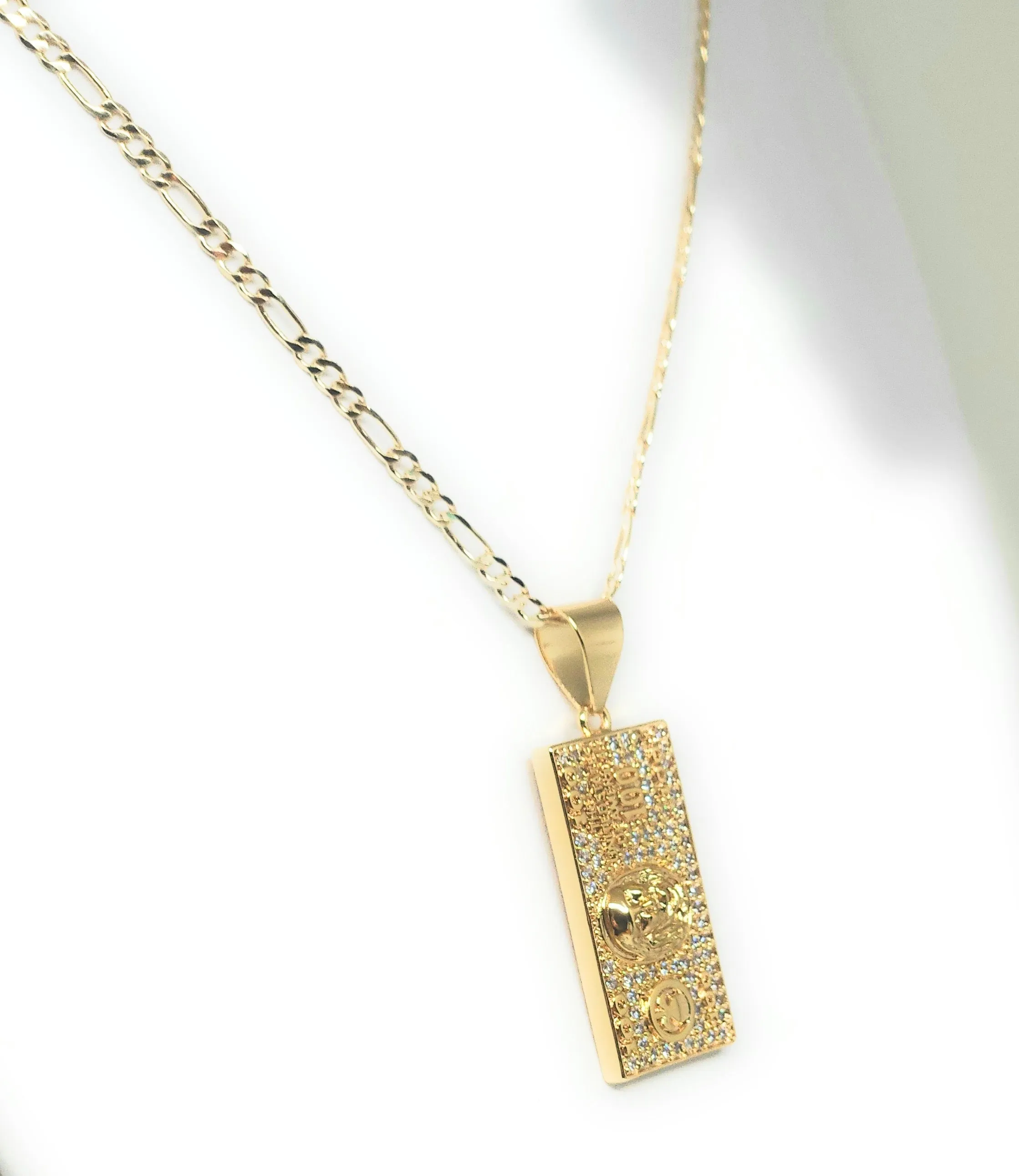 Gold Plated Iced Out CZ 100 DOLLAR BILL Pendant 24 FIGARO Chain