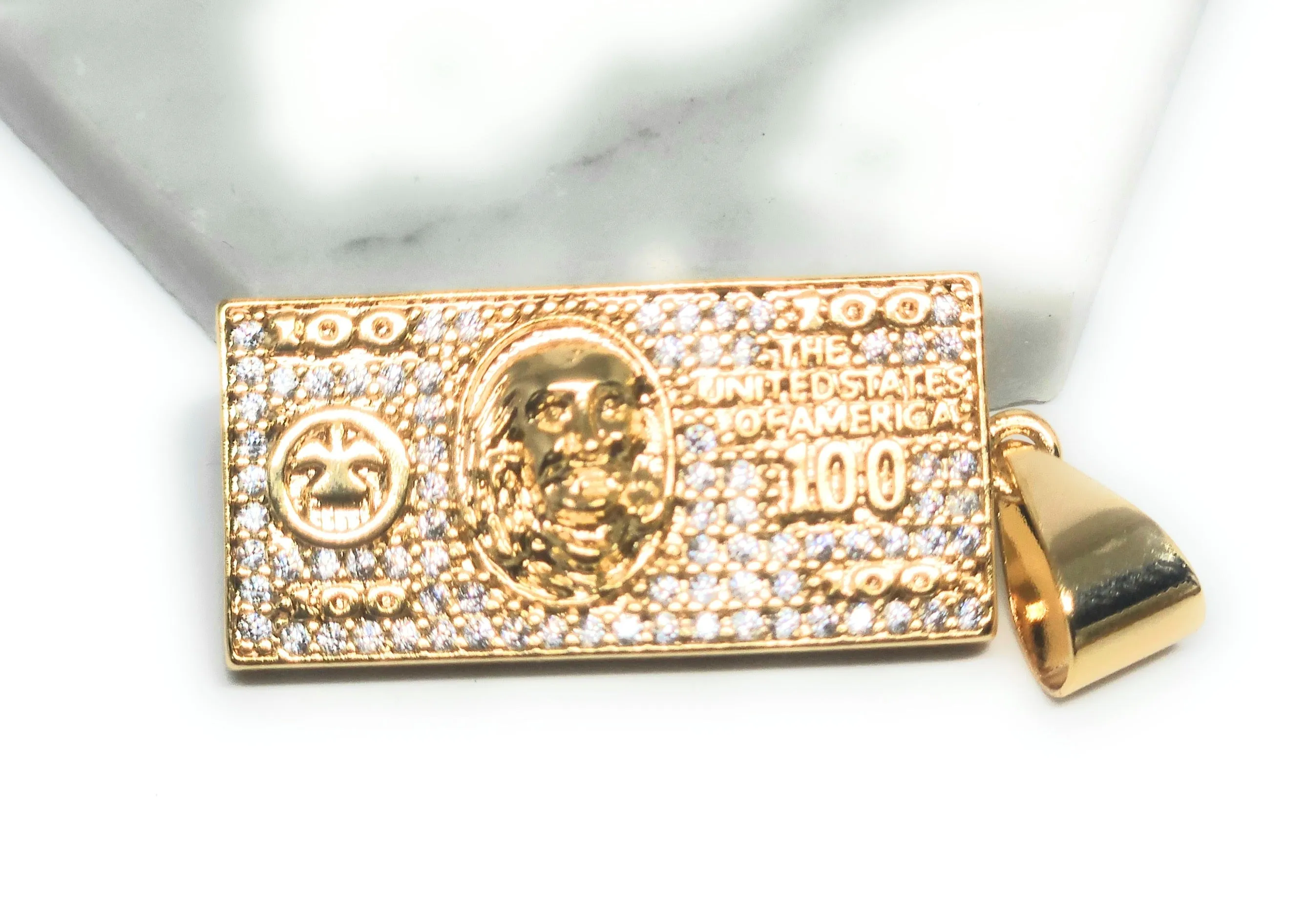 Gold Plated Iced Out CZ 100 DOLLAR BILL Pendant 24 FIGARO Chain