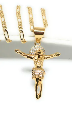 Gold Plated Iced Out CZ JESUS BODY Pendant 24 FIGARO Chain