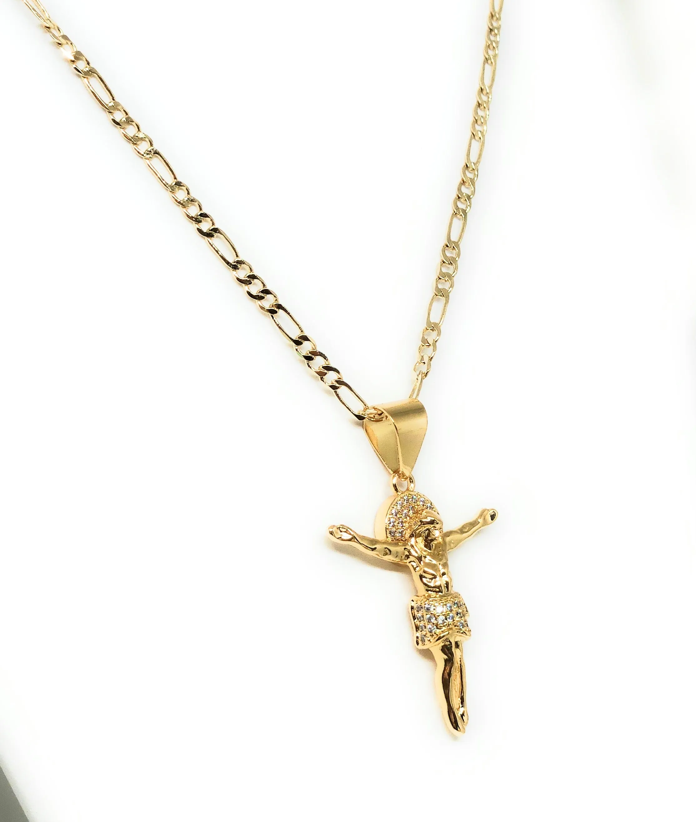 Gold Plated Iced Out CZ JESUS BODY Pendant 24 FIGARO Chain