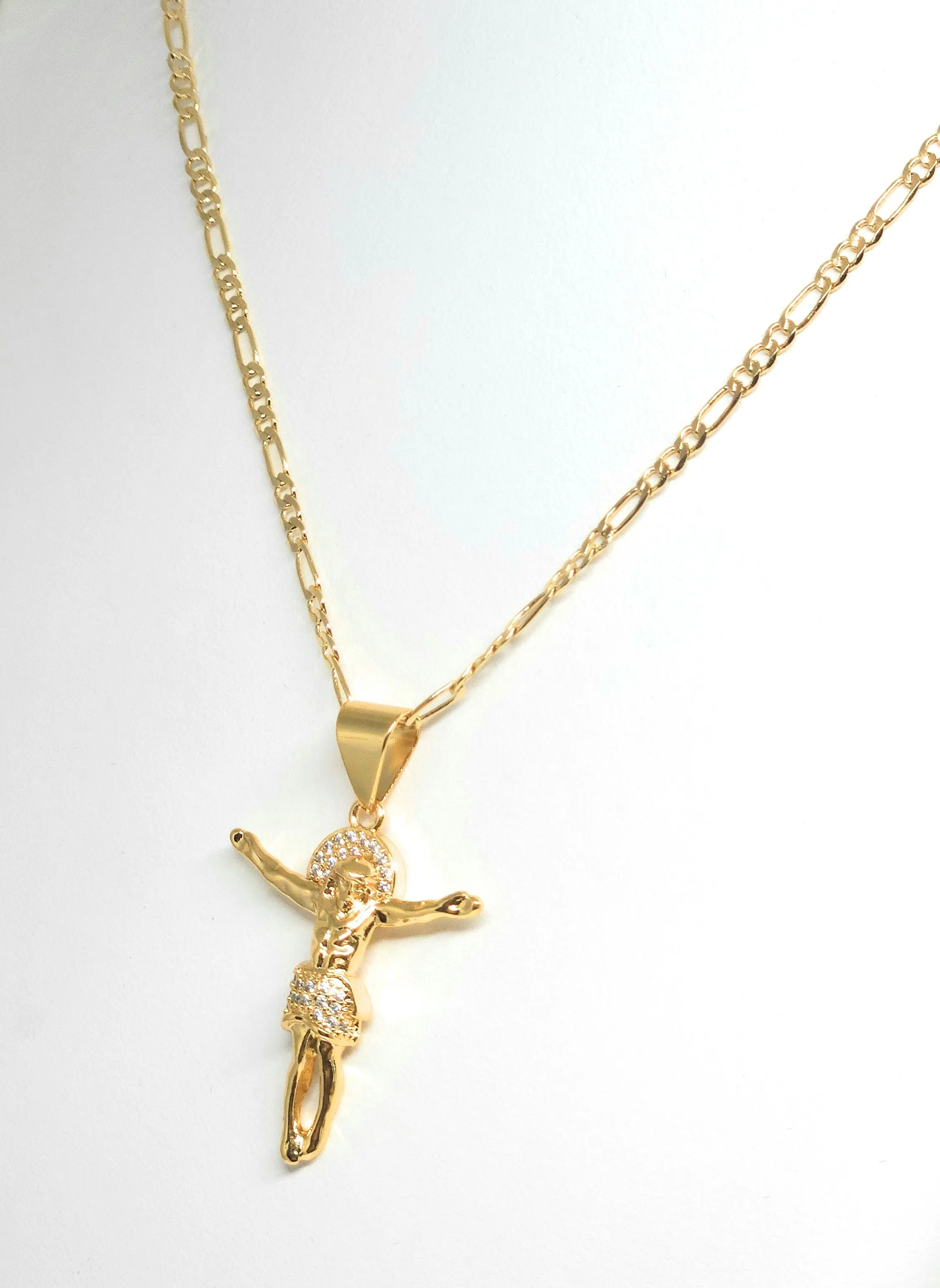 Gold Plated Iced Out CZ JESUS BODY Pendant 24 FIGARO Chain