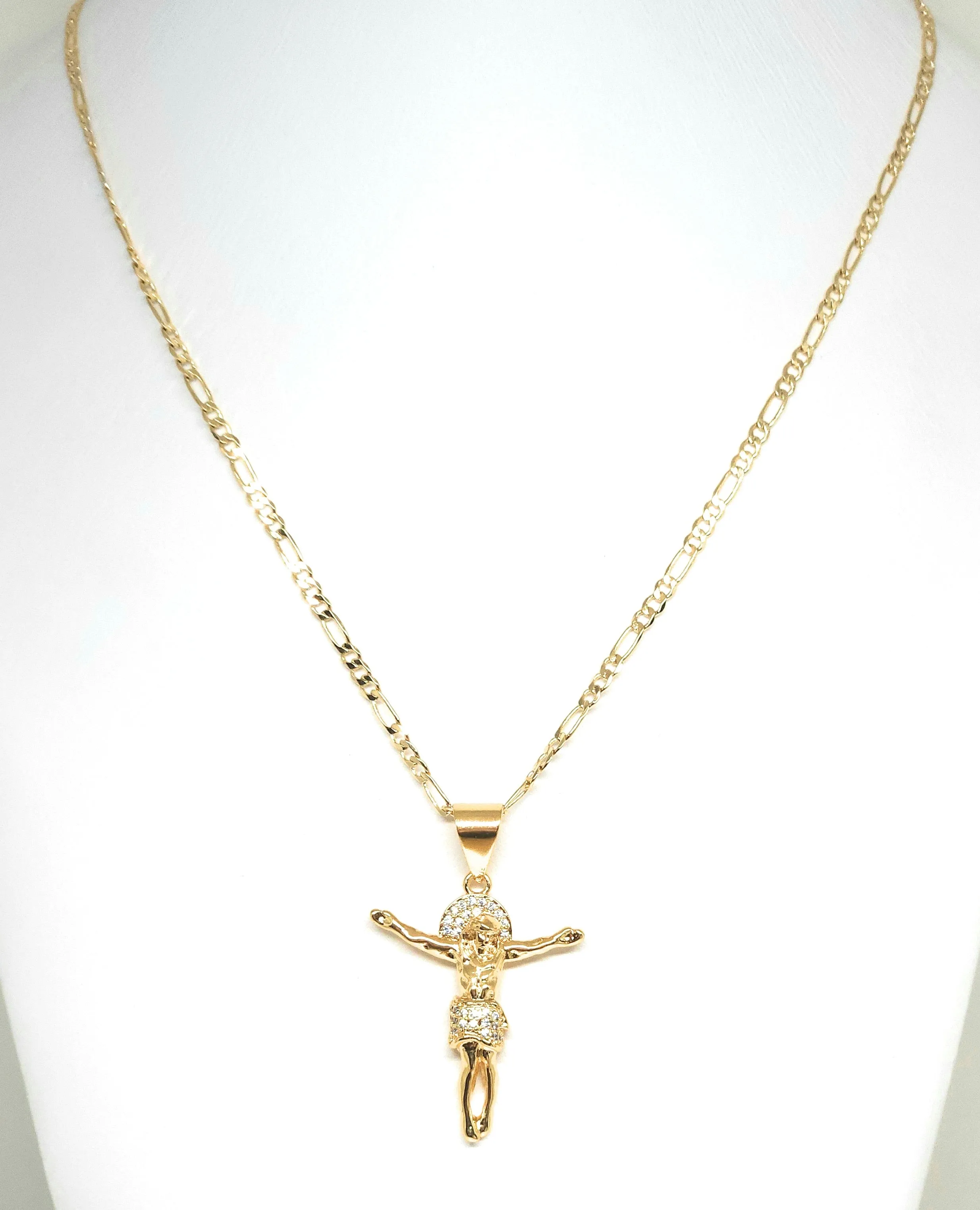 Gold Plated Iced Out CZ JESUS BODY Pendant 24 FIGARO Chain