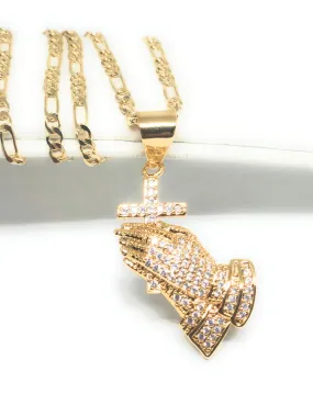 Gold Plated Iced Out CZ Praying Hands with Cross Pendant 24 FIGARO Chain