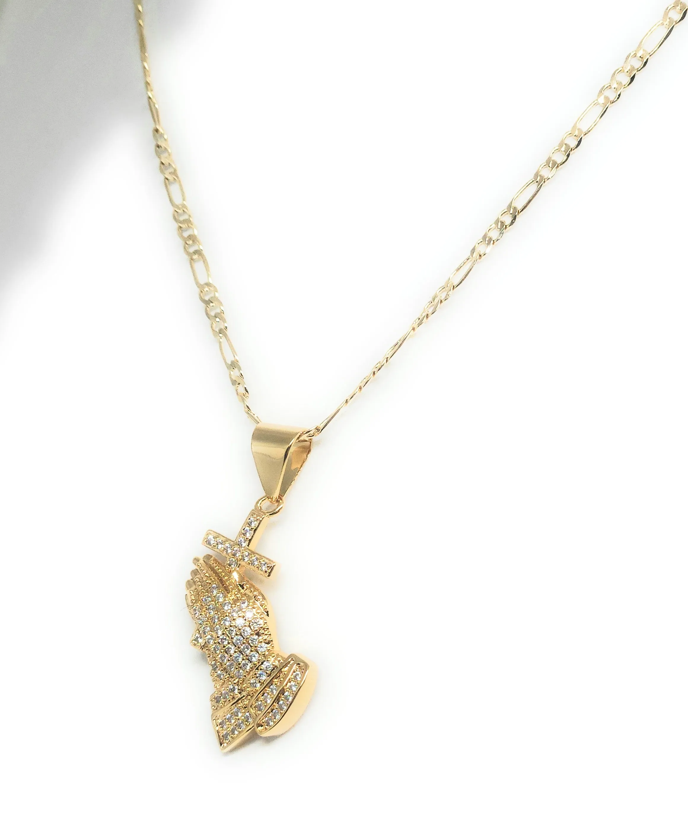 Gold Plated Iced Out CZ Praying Hands with Cross Pendant 24 FIGARO Chain