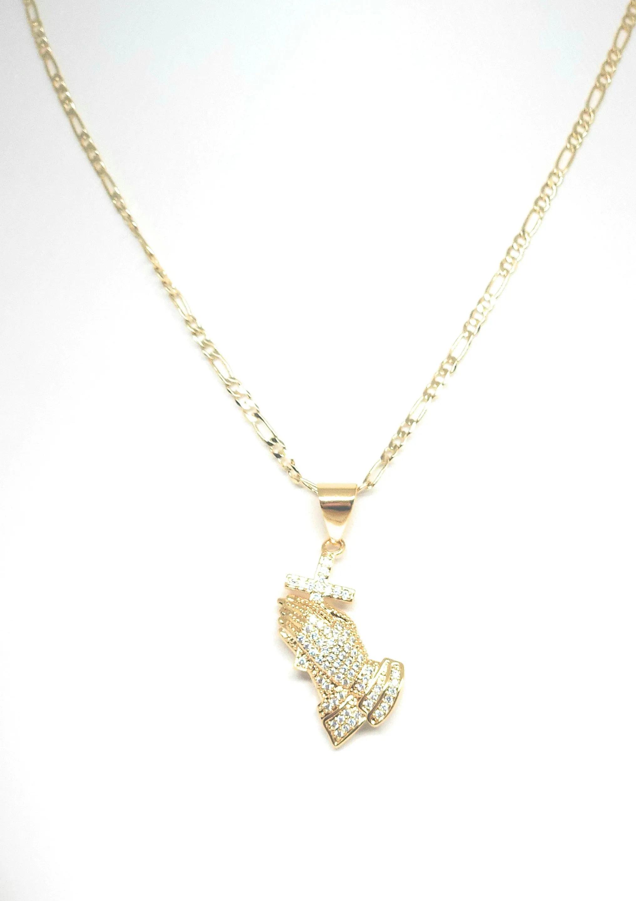 Gold Plated Iced Out CZ Praying Hands with Cross Pendant 24 FIGARO Chain