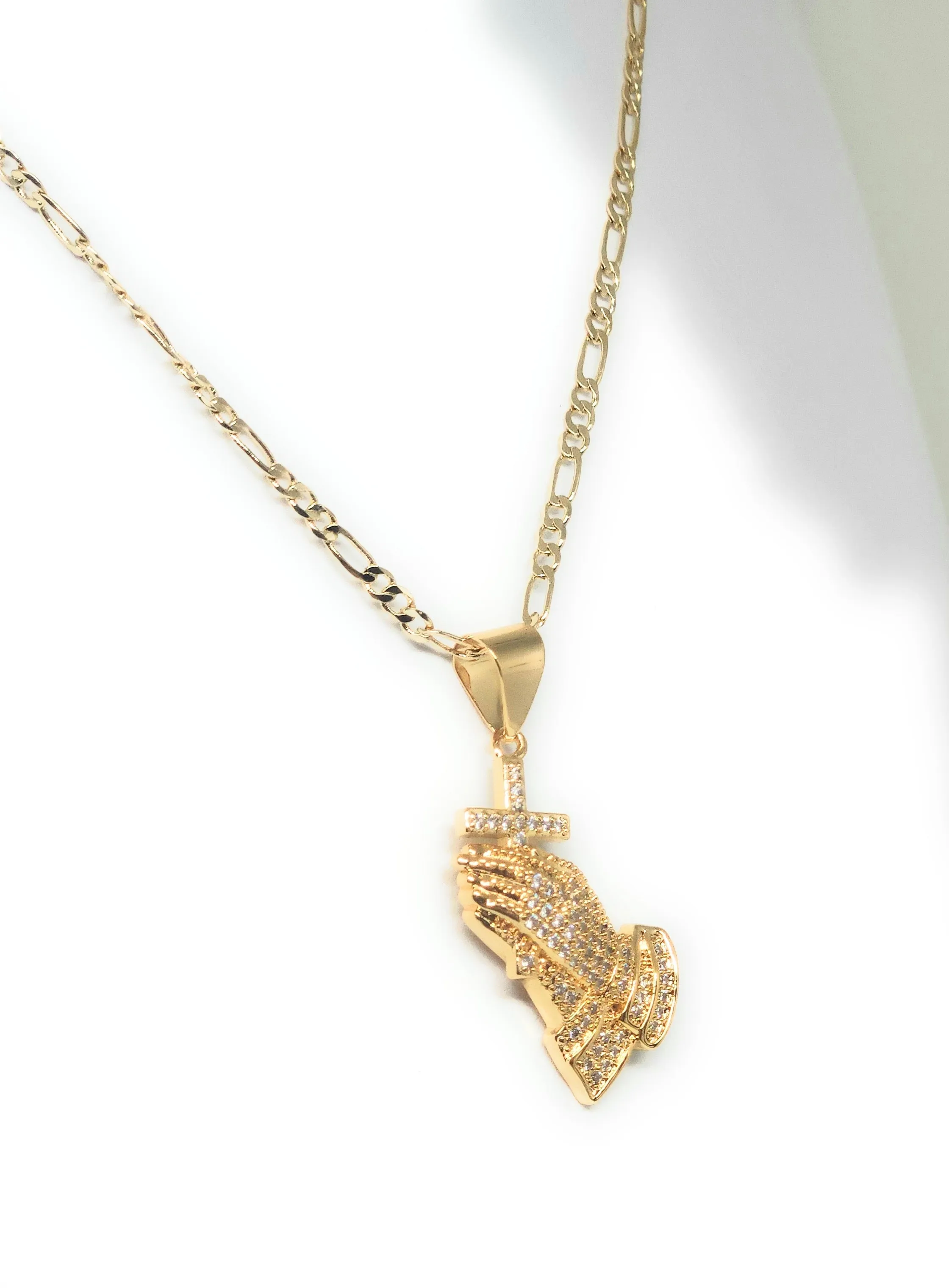 Gold Plated Iced Out CZ Praying Hands with Cross Pendant 24 FIGARO Chain