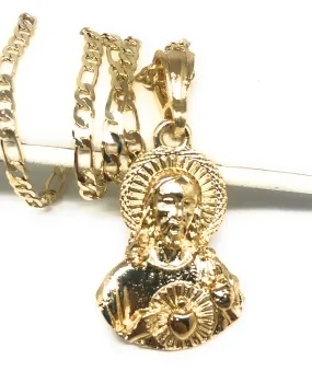 Gold Plated Jesus Sagrado Corazon Image Depiction Pendant 24 Figaro Chain