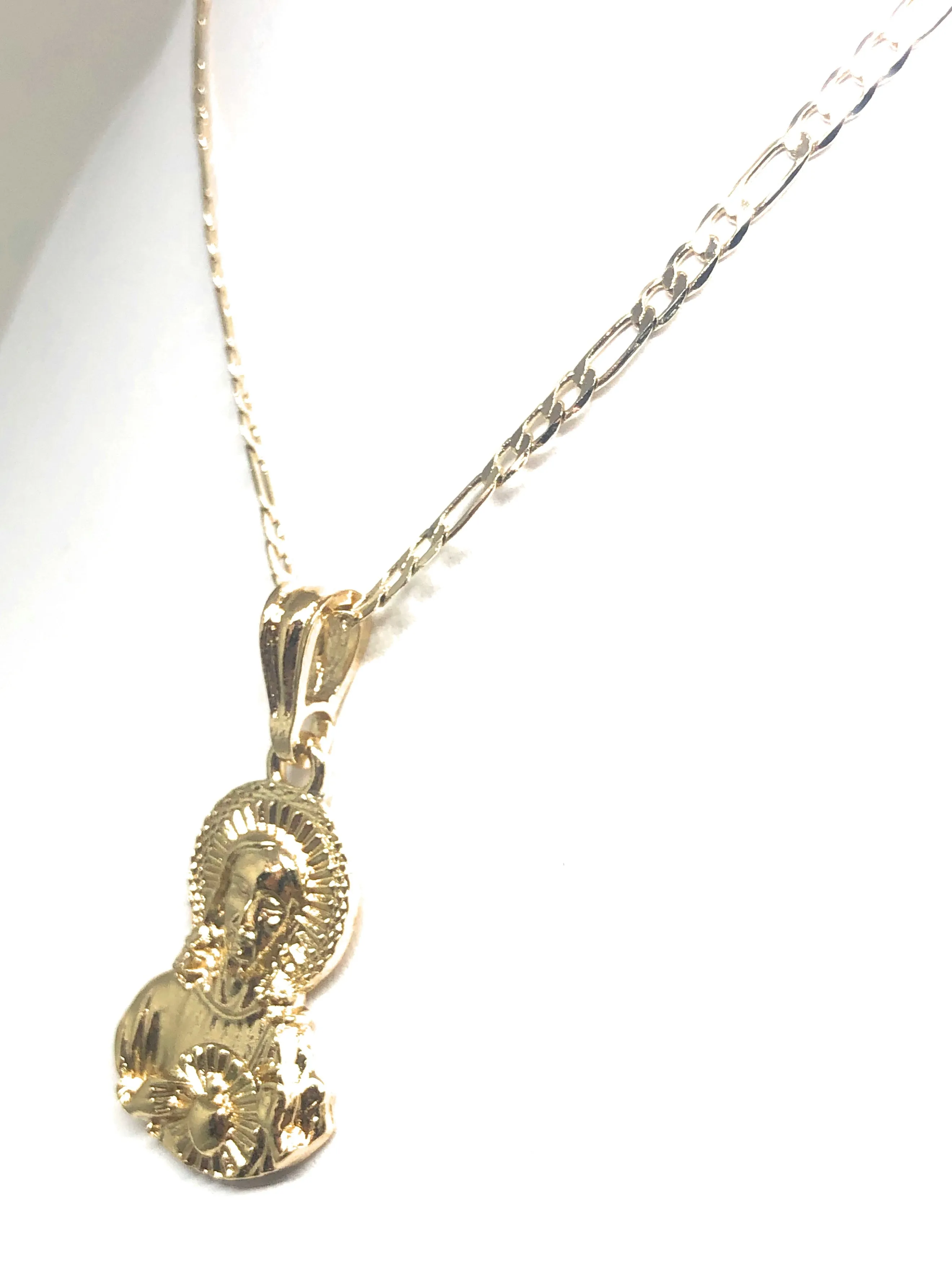 Gold Plated Jesus Sagrado Corazon Image Depiction Pendant 24 Figaro Chain