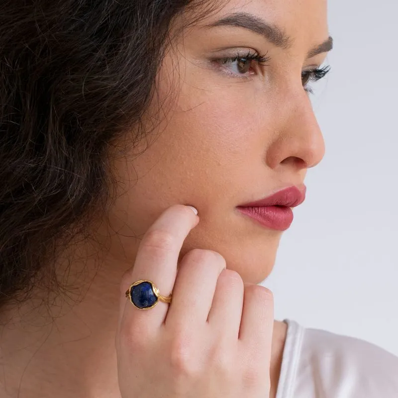 Gold Plated Lapis Lazuli Sizable Large Statement Ring