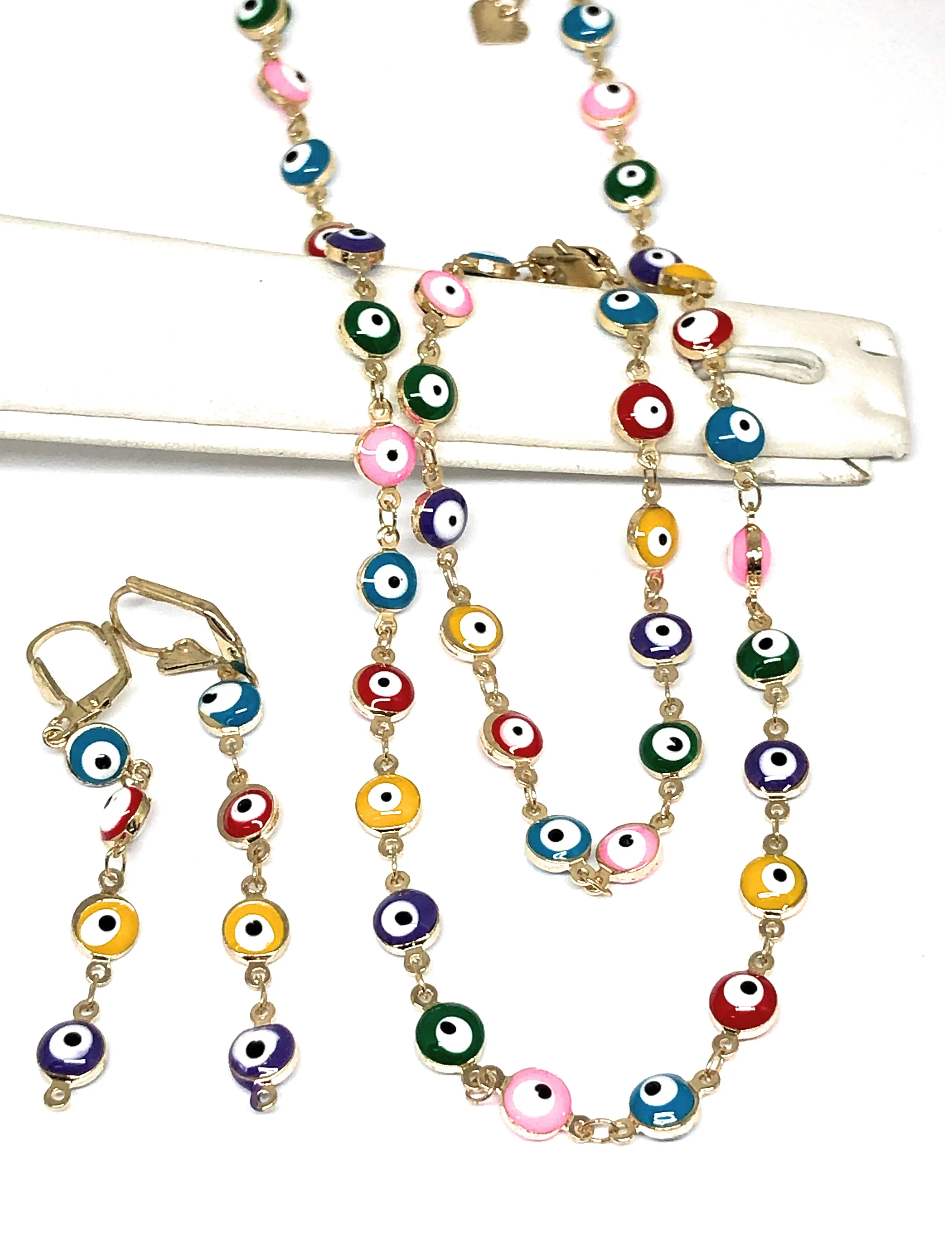 Gold Plated MULTI-COLOR EVIL EYE SET (NECKLACE, BRACELET, EARRINGS)