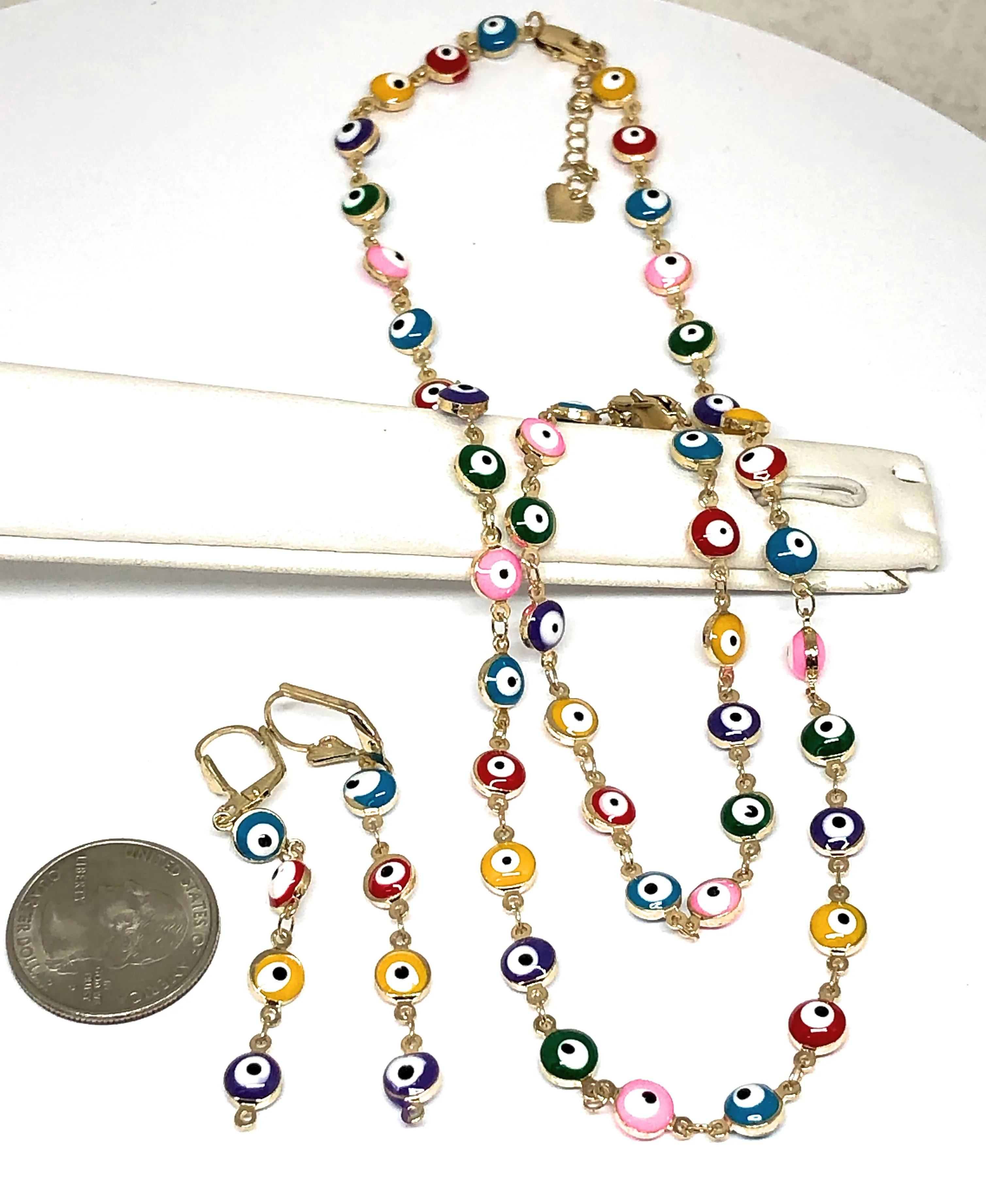 Gold Plated MULTI-COLOR EVIL EYE SET (NECKLACE, BRACELET, EARRINGS)