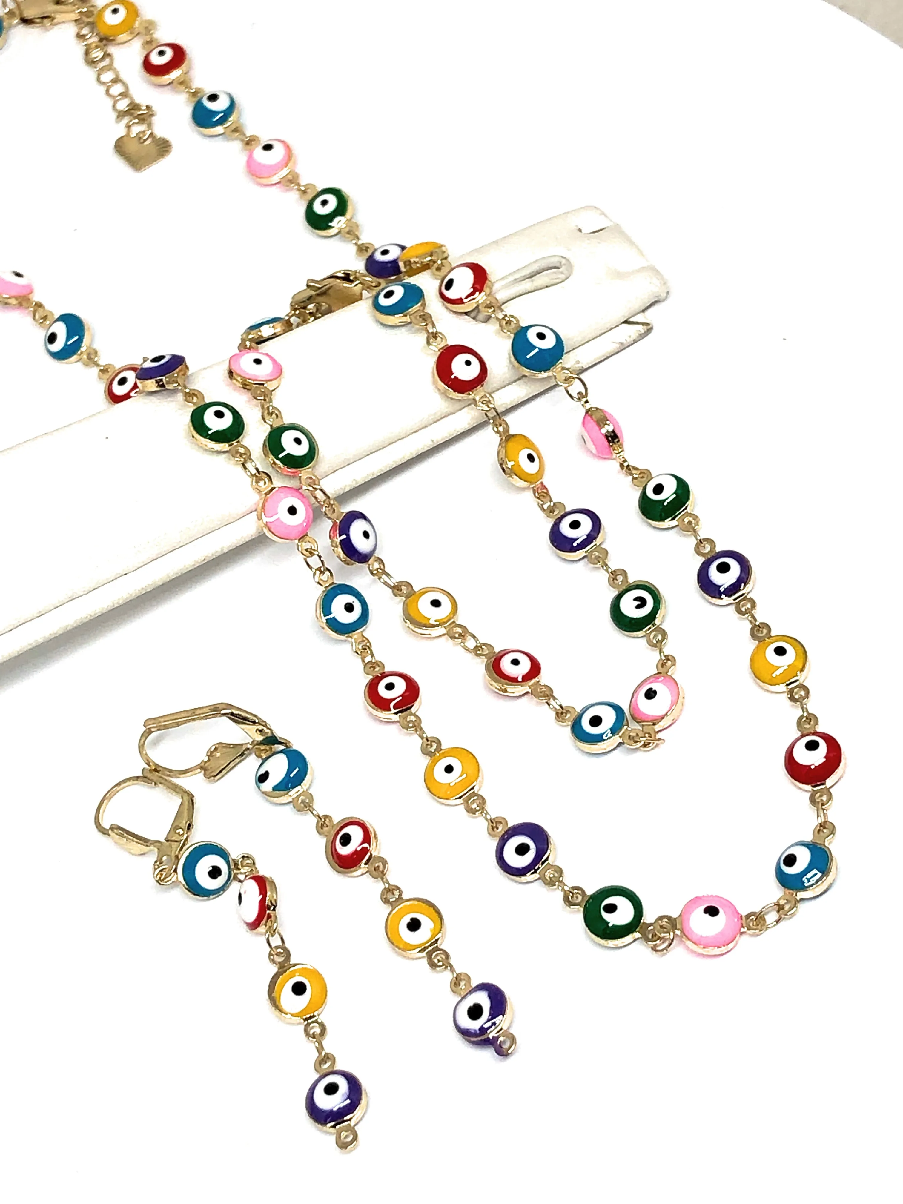 Gold Plated MULTI-COLOR EVIL EYE SET (NECKLACE, BRACELET, EARRINGS)