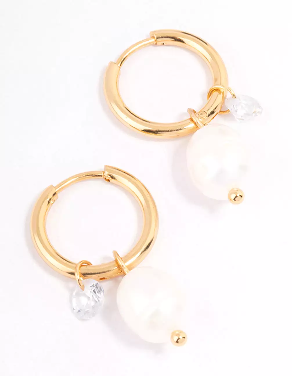 Gold Plated Stainless Steel Classic Freshwater Pearl & Cubic Zirconia Huggie Earrings