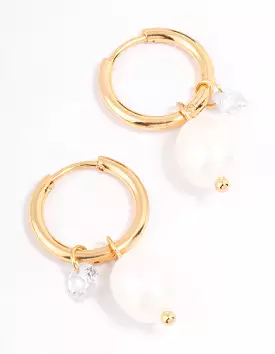 Gold Plated Stainless Steel Classic Freshwater Pearl & Cubic Zirconia Huggie Earrings