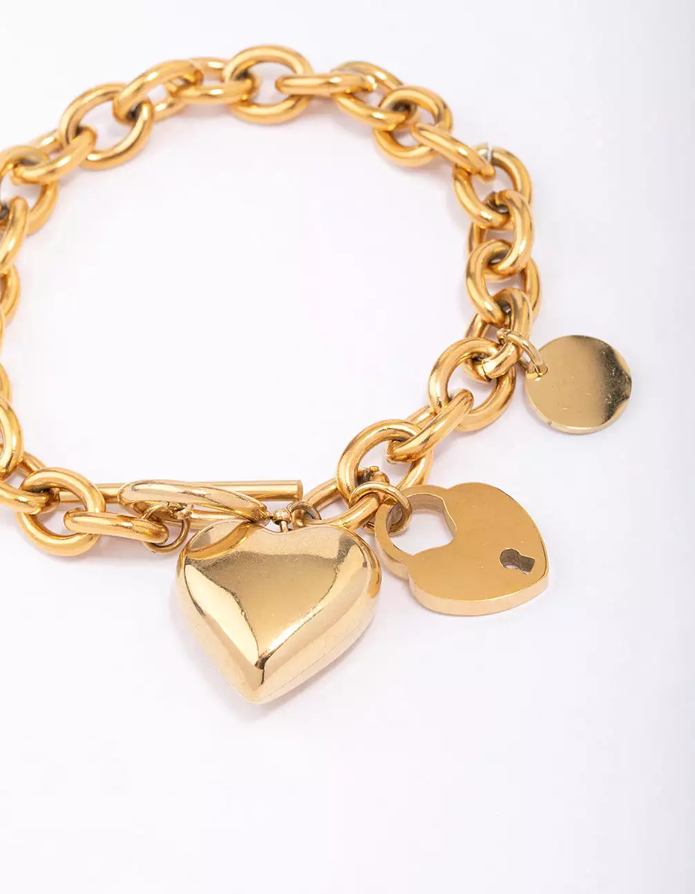 Gold Plated Stainless Steel Puffy Heart Charm & Lock Bracelet