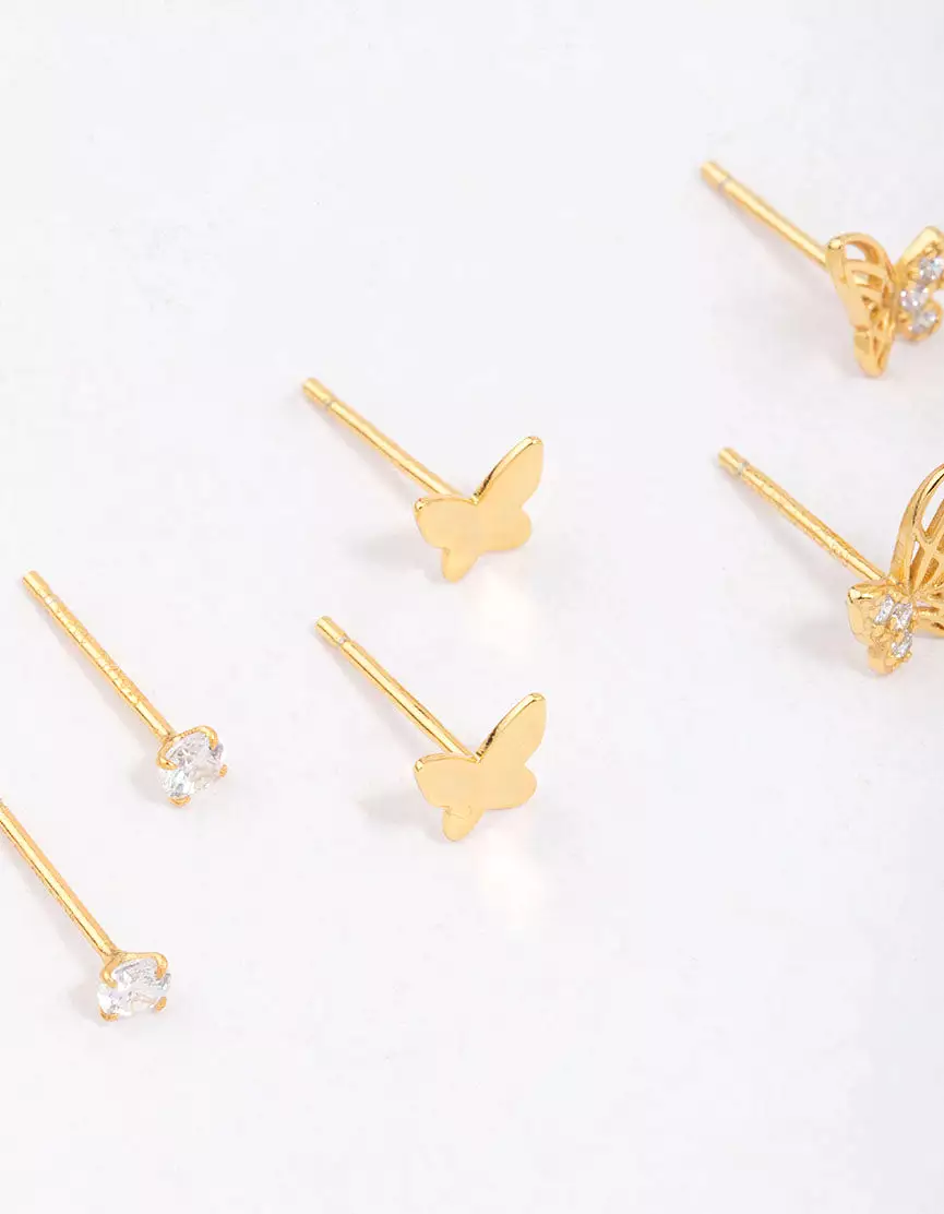 Gold Plated Sterling Silver Butterfly Stud Earring 3-Pack