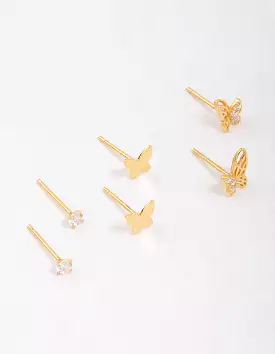 Gold Plated Sterling Silver Butterfly Stud Earring 3-Pack