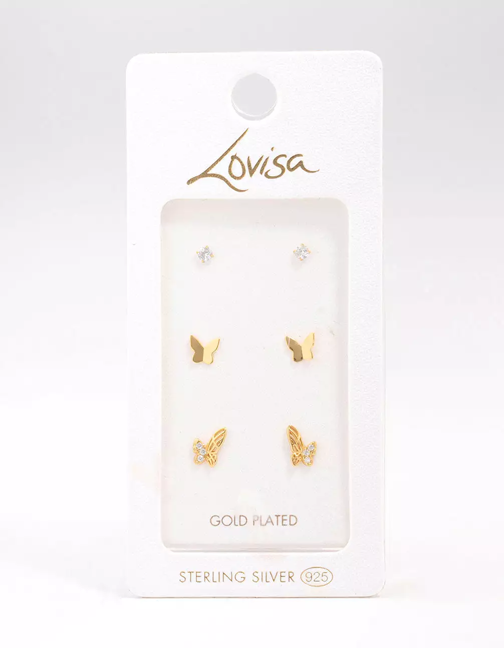 Gold Plated Sterling Silver Butterfly Stud Earring 3-Pack