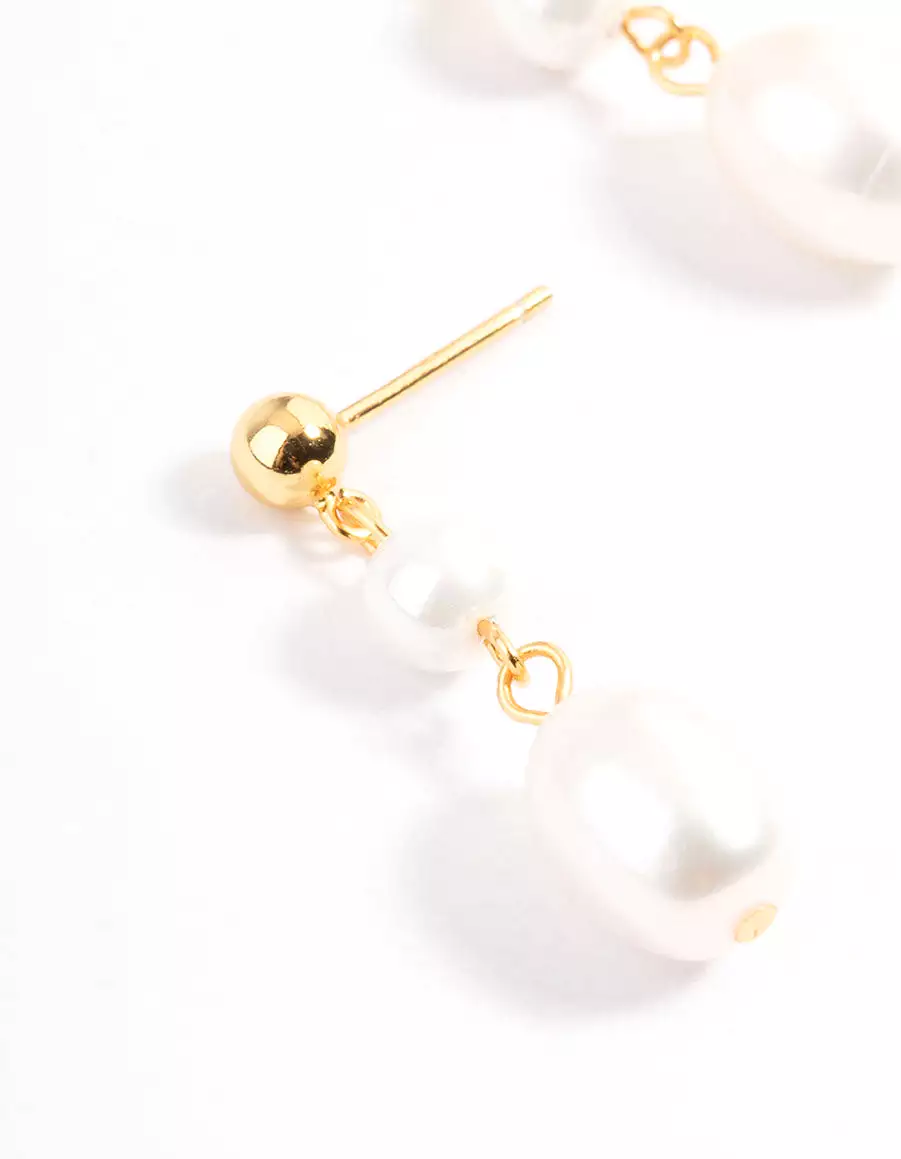 Gold Plated Sterling Silver Double Faux Pearl Drop Earrings